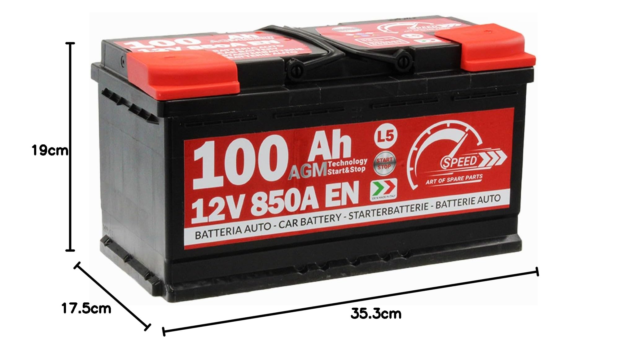 SMC bateria Auto Speed 100Ah AGM 850A L5 Start Stop polo positivo a destra 353x175x190mm