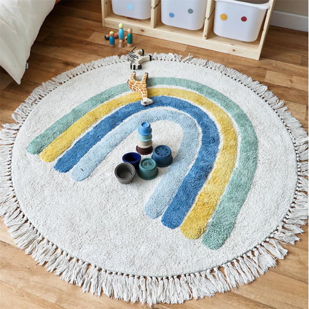 ZOYIEP Alfombra de juego redonda para niños, diseño arcoíris, lavable, antideslizante, gran alfombra de juego (azul, 60 x 60 cm)