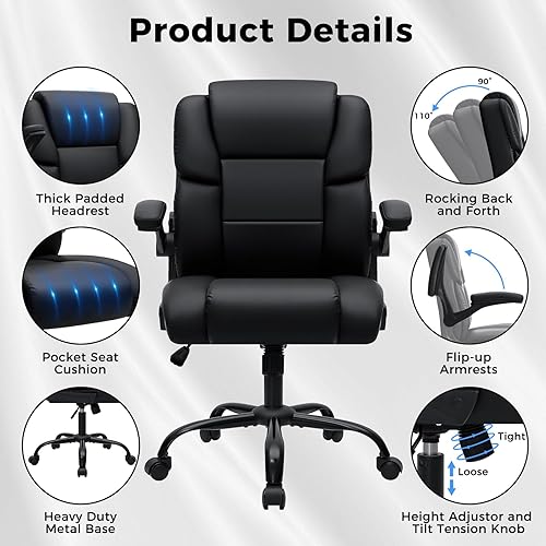 Miniatura 3 de HOFFREE Silla de oficina de cuero para el hogar, sillas de escritorio para computadora con brazos abatibles y ruedas giratorias, altura ajustable,