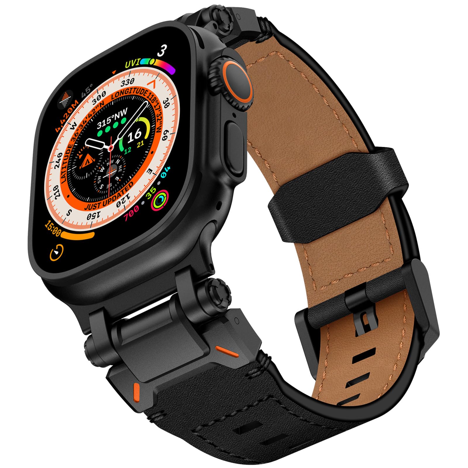 KADES for Apple Watch Ultra 2 Band 49mm 45mm 44mm 42mm Men, Top Grain Genuine Leather Band Strap with Titanium Connectors for Apple Watch Ultra 2/1 Series 9/8/7/SE2/6/5/4/SE/3/2/1, Black/Black