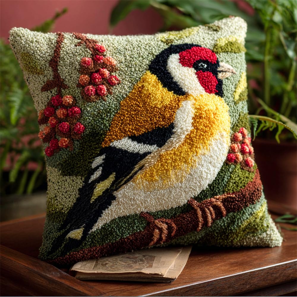 Kitquiver Latch Hook Cushion Kits for Adults - 17X17Inch, Goldfinch Latch Hook Pillow Case Kits Embroidery 43X43Cm, DIY Needlework Pillow Cover Cushion Rug Making, DIY Craft for Women