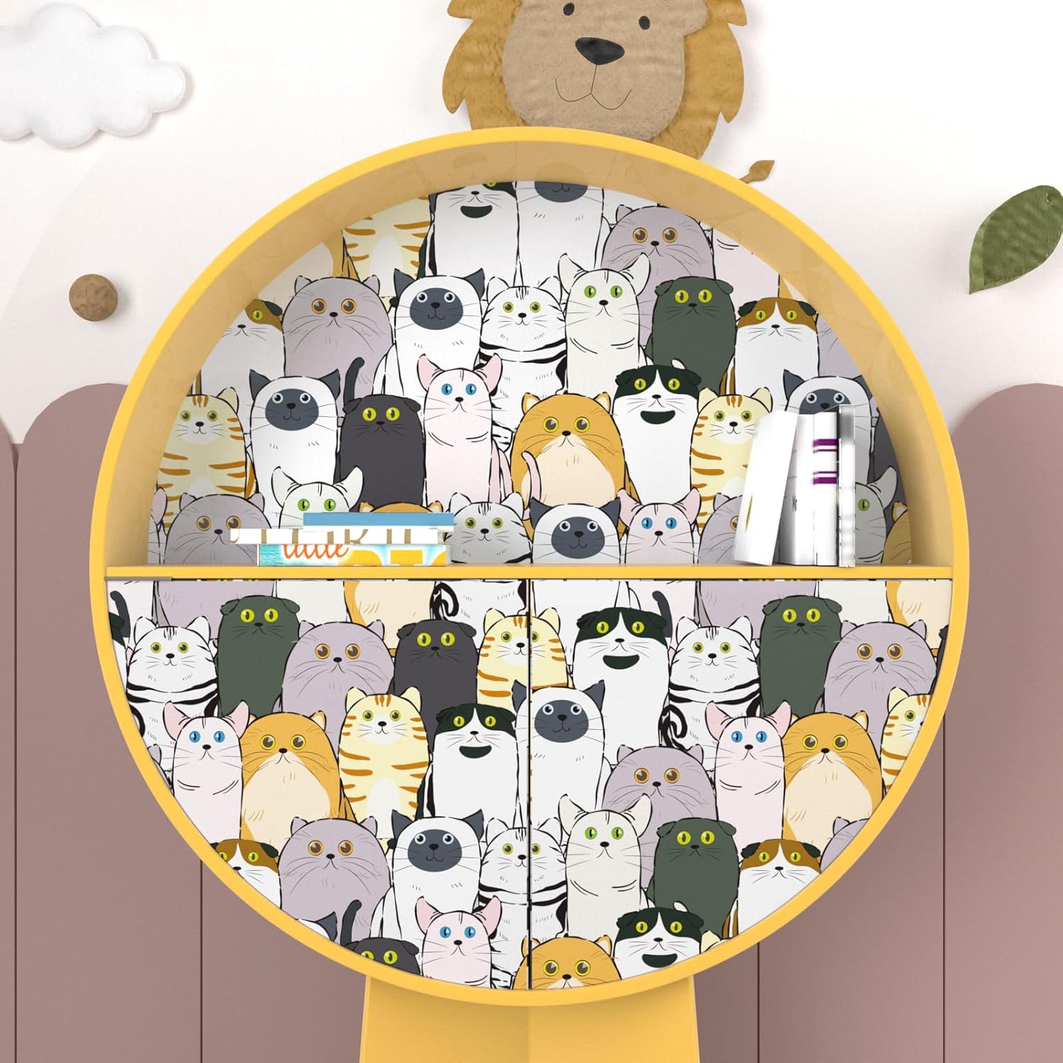 Wallercity Cute Cats Peel and Stick Wallpaper Cartoon Animal Wallpapers for Kids Room Nursery Self Adhesive Waterproof Fun Contact Paper for Shelf Cabinets 17.5''x315'' Cat Wall Paper for Frame Decor