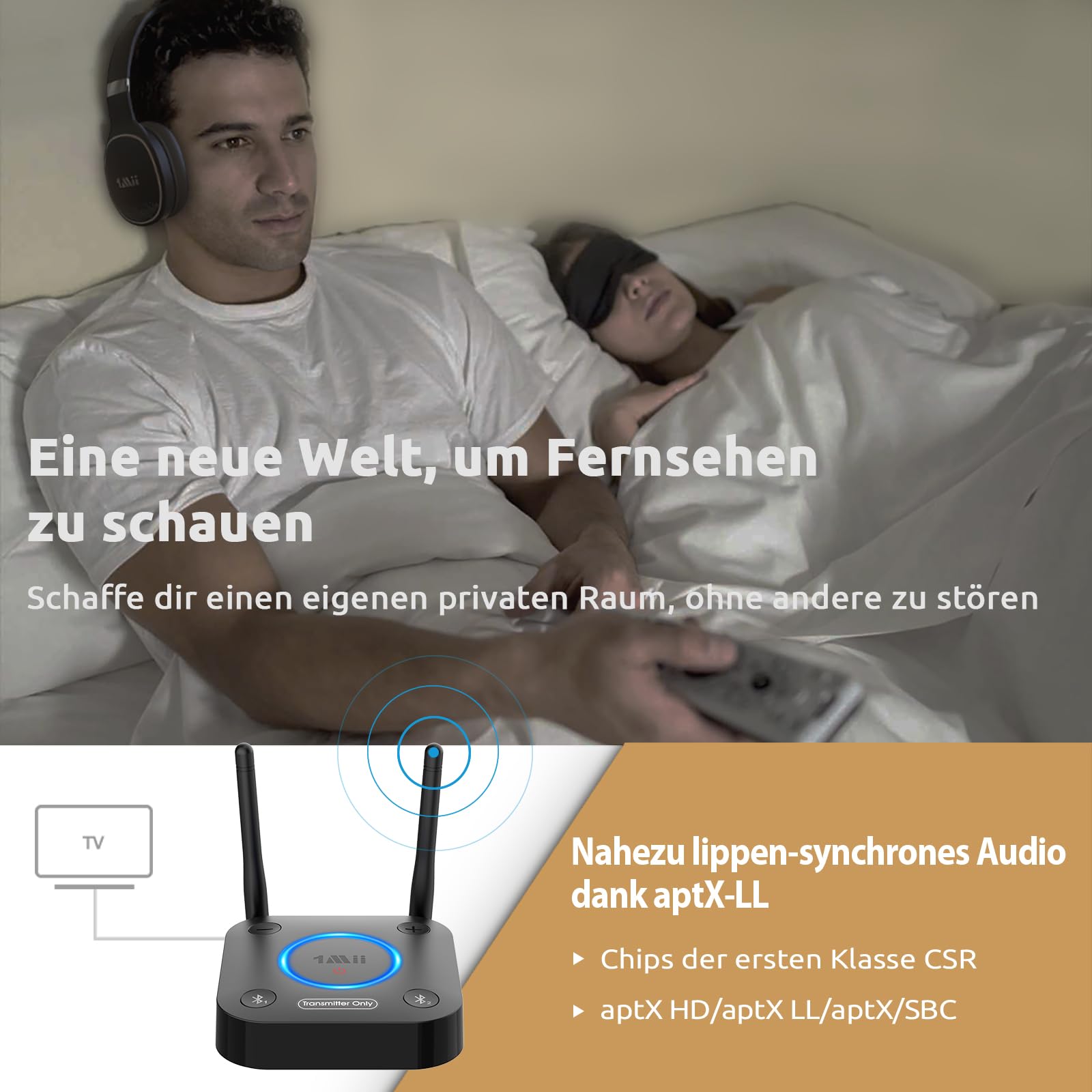 1Mii B06TX Bluetooth 5.3 Transmitter für TV mit aptX HD & Low Latency, Großer Reichweite Audio Adapter für 2 Kopfhörer oder Lautsprecher, 3,5mm AUX/Optischer/Koaxialer Ausgang, Lautstärkeregelung