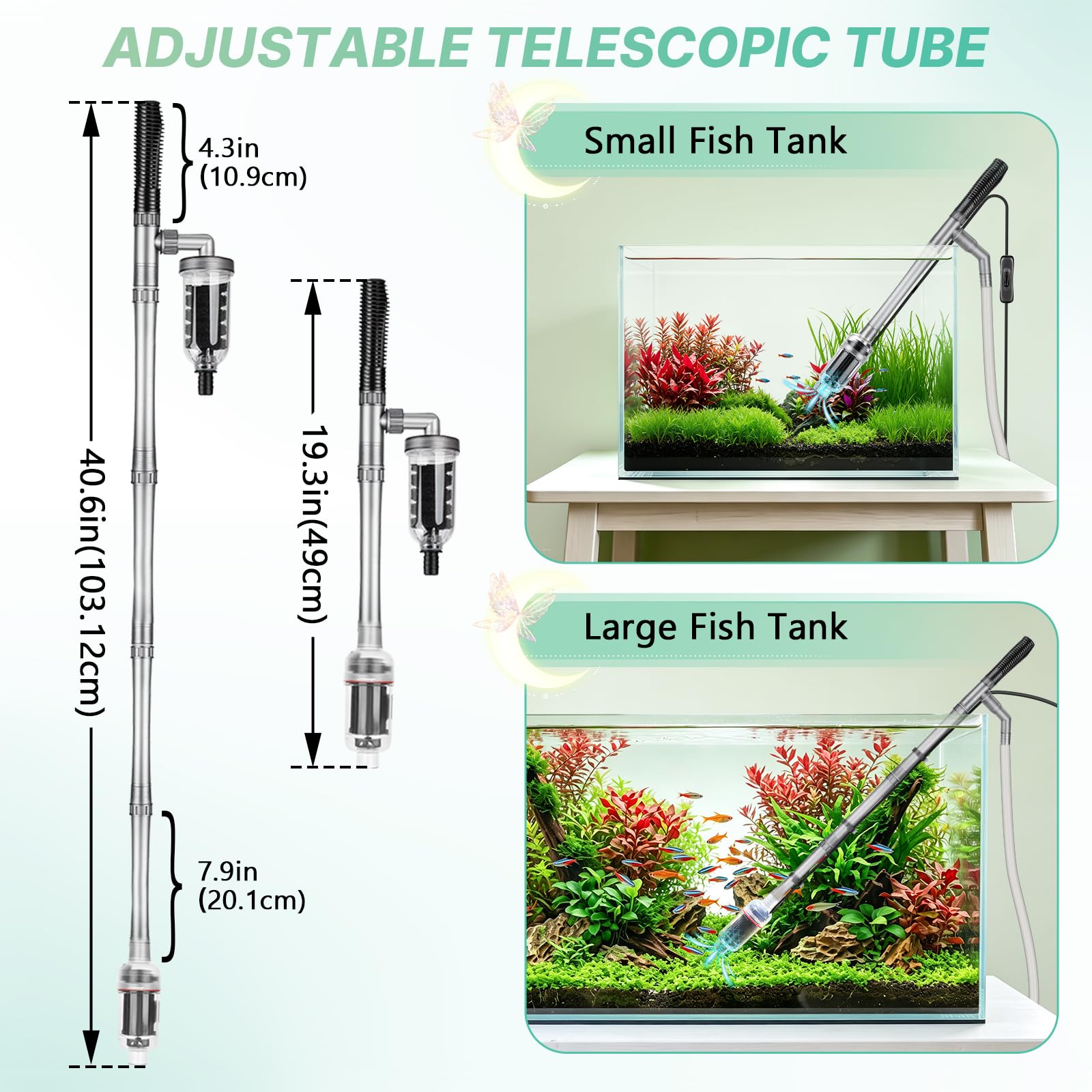 hygger 15W Aspirateur Aquarium Electrique, 5-en-1 Kit Nettoyage Aquarium | 2000L/h Nettoyeur Aquarium,Longueur Réglable,Automatique avec Laveur de Sable et Changeur d'eau,For Freshwater & Saltwater