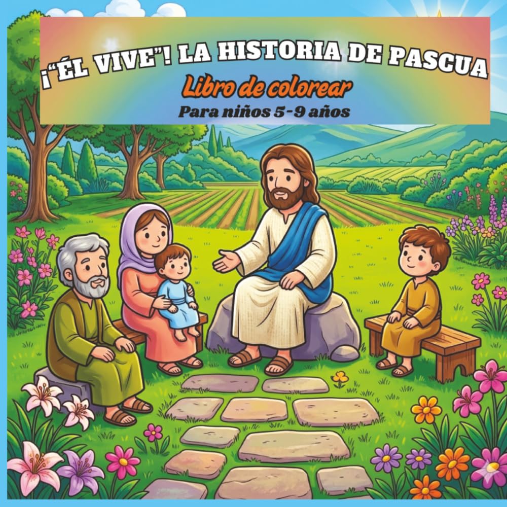 ¡Él vive!» Libro para colorear de la historia de Pascua para niños de 5 a 9 años: 38 escenas bíblicas con subtítulos sencillos sobre la resurrección ... para cestas de Pascua y la escuela dominical.