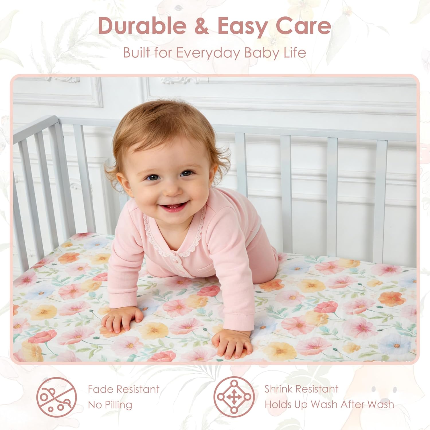 Crib Sheets 2 Pack, 100% Cotton Fitted Crib Sheets for Baby Boys & Girls, Soft Breathable Baby Crib Sheet, Snug Fit for 52 x 28 Mattress (3–8"), Nursery Bedding Set, Blossom Butterfly Garden