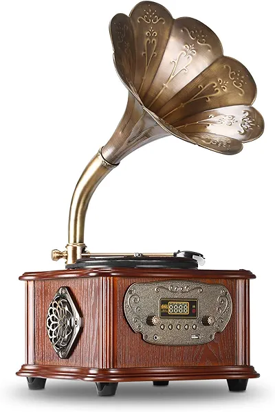 LuguLake Record Player Retro Turntable All in One Vintage Phonograph Nostalgic Gramophone for LP with Copper Horn, Built-in Speaker 3.5mm Aux-in/USB