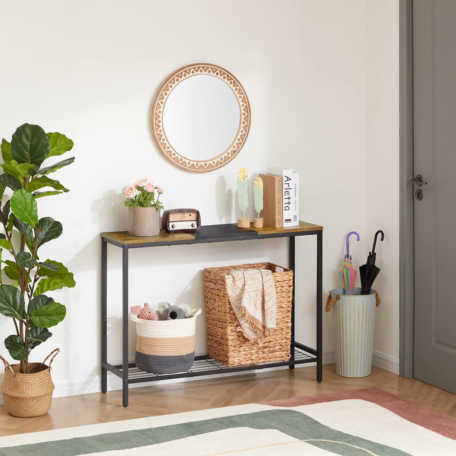 Lifewit 39.4" Console Entryway Table, 2-Tier Industrial Sofa Table with Storage Shelves for Hallway, Living Room,Bedroom, Metal Frame, Rustic Brown & Black, Easy Assembly