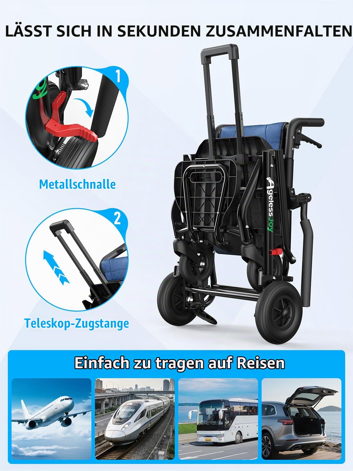 Rollstuhl Faltbar Leicht, Ultraleicht Transportrollstuhl faltbar mit Teleskopgriff, Kompakter Tragbarer Reise-Klapprollstuhl für Behinderte and ältere (Blau)