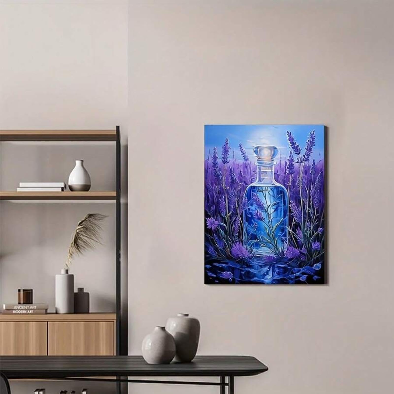 XINBAO Stampe su tela con bottiglia di campo di lavanda, decorazione artistica, paesaggio floreale country, dipinto per bagno, soggiorno, poster da parete, 70x90 cm, cornice interna
