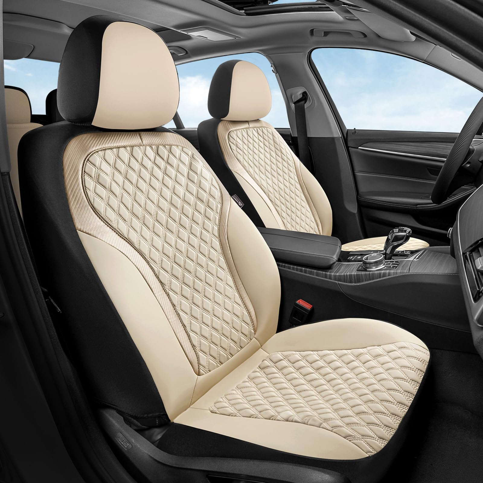 Coverado Front Seat Covers, 2-Pack Luxury Leather Car Seat Cover with Carbon Fiber Weave, Waterproof Car Seat Protectors, Spill-Proof Car Seat Cushion, Beige Seat Covers Universal Fit for Most Cars