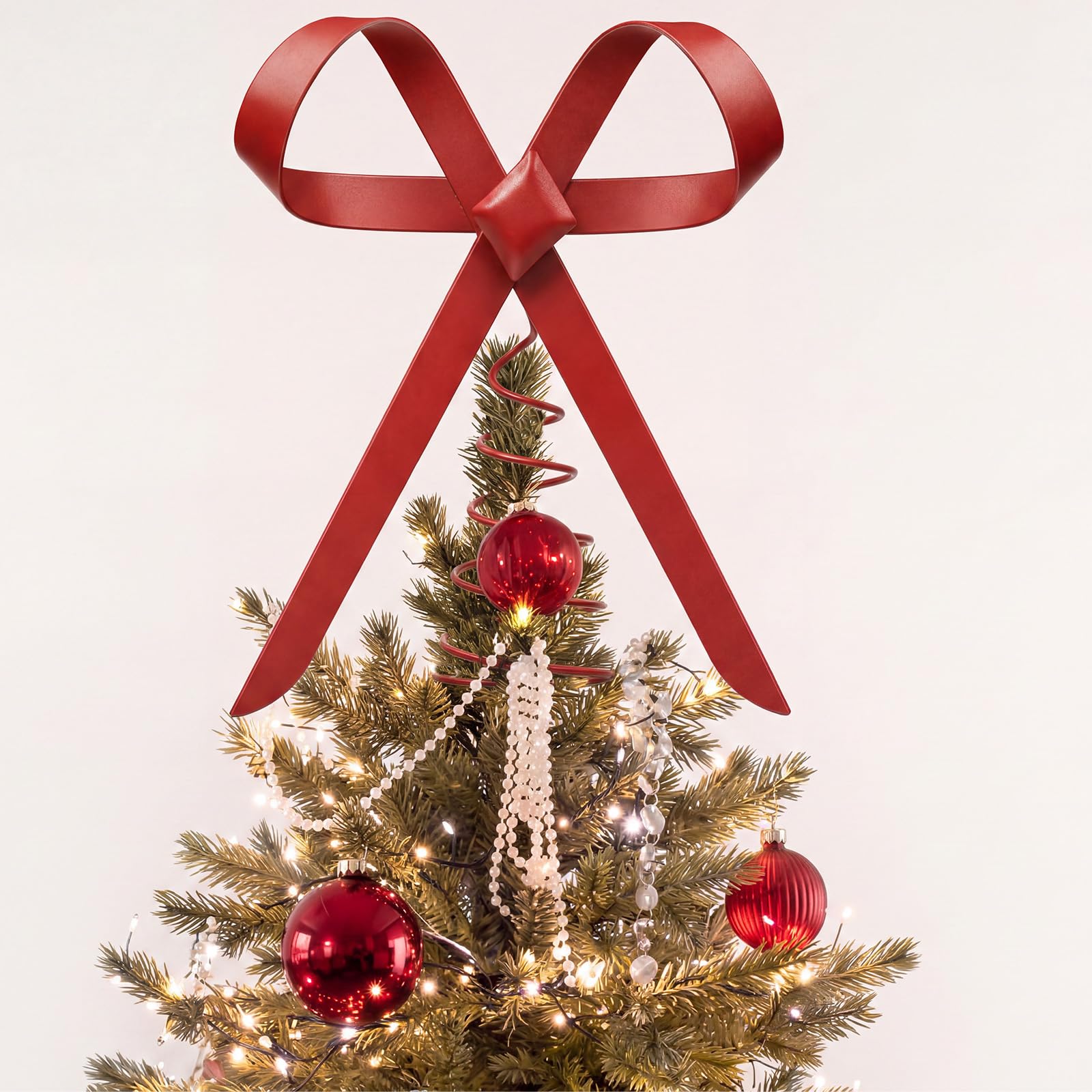 Retisee Cimier de sapin de Noël avec nœud rouge de 24 cm | Nœud rustique neutre, décoration intérieure et extérieure, métal vintage ajoute une touche élégante, s'adapte aux vrais