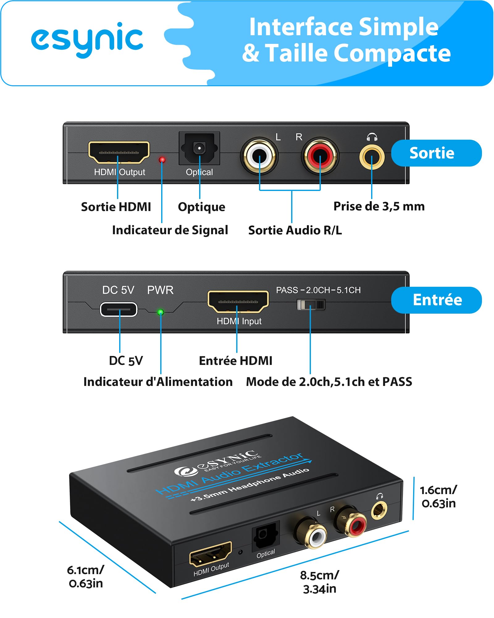 eSynic Extracteur HDMI Audio 4K 1080P Adaptateur vers HDMI Optique TOSLINK Sortie Audio Analogique SPDIF/Stereo L R/3,5mm Convertisseur avec Interrupteur de Puissance pour DVD XBOX Moniteur