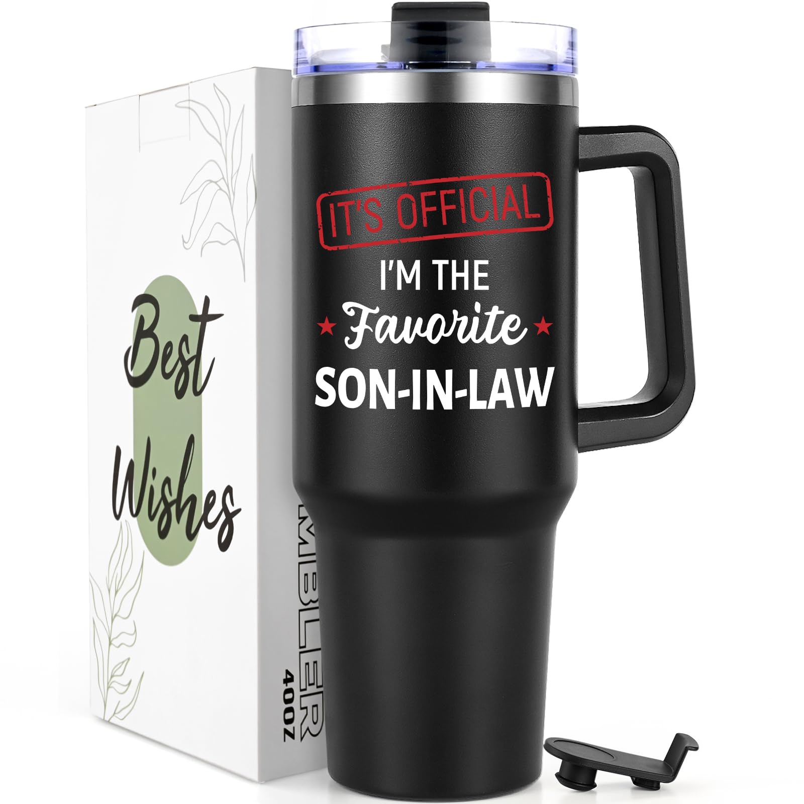 Lifecapido Son in Law Gifts, Favorite SON-IN-LAW 40oz Tumbler with Handle, Birthday Fathers Day Christmas Engagement Wedding Gifts for Son in Law from Mom in Law Dad in Law, Black