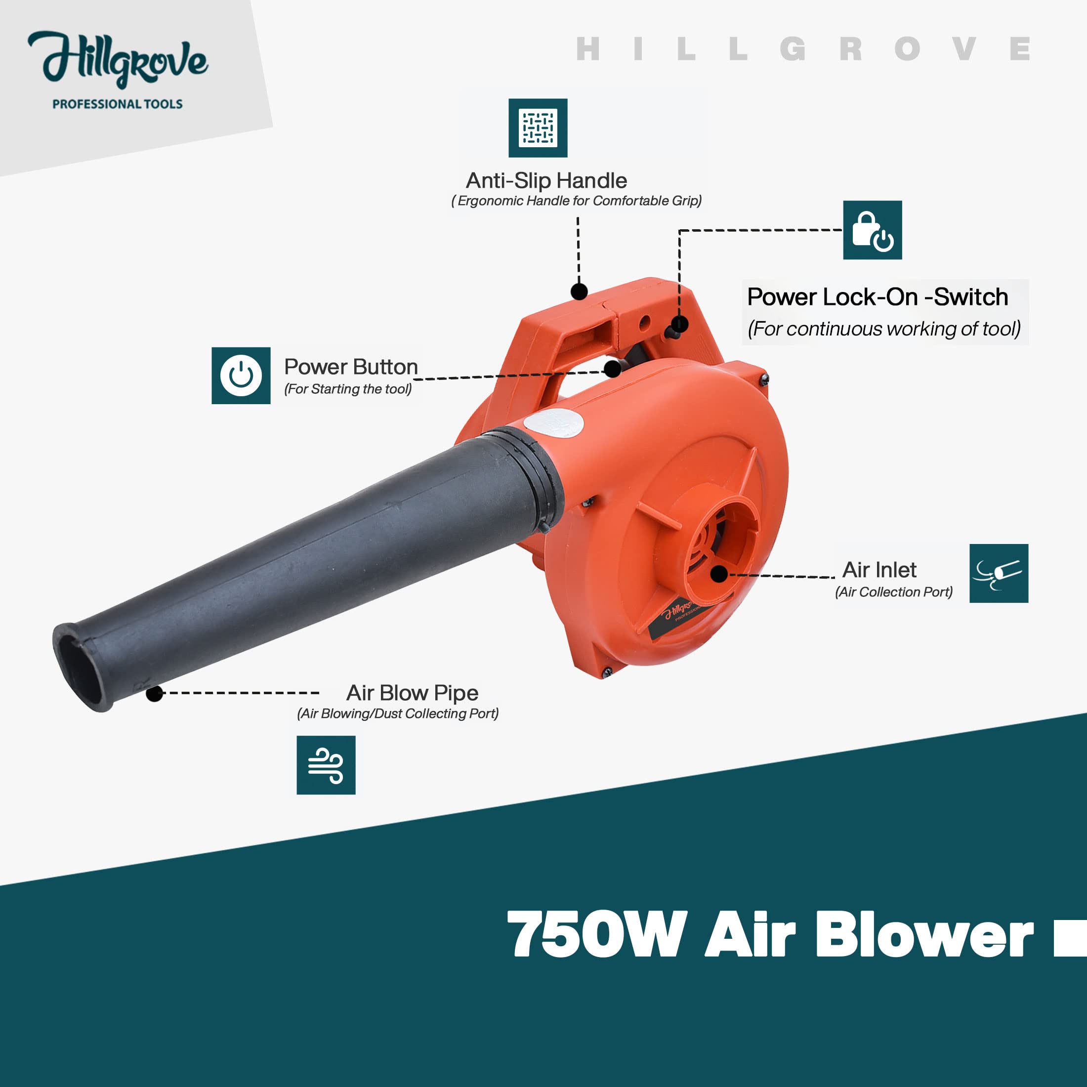 Hillgrove HGBLW3M2 Electric Air Blower and Suction Dust Cleaner 750W/17000RPM for AC/Computer/Home with Air Blower Machine Gun Dust Cleaning Forward Curved Air Blower (Corded Vacuum)