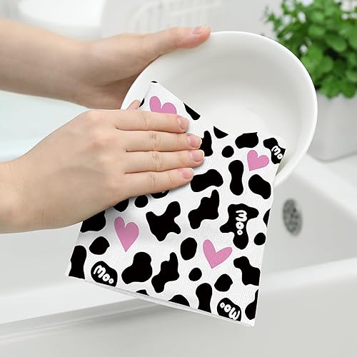 Miniatura 3 de Juego de 2 toallas de cocina decorativas con estampado de vaca y corazón rosa con lazo para colgar, toallas suaves y absorbentes para secar la