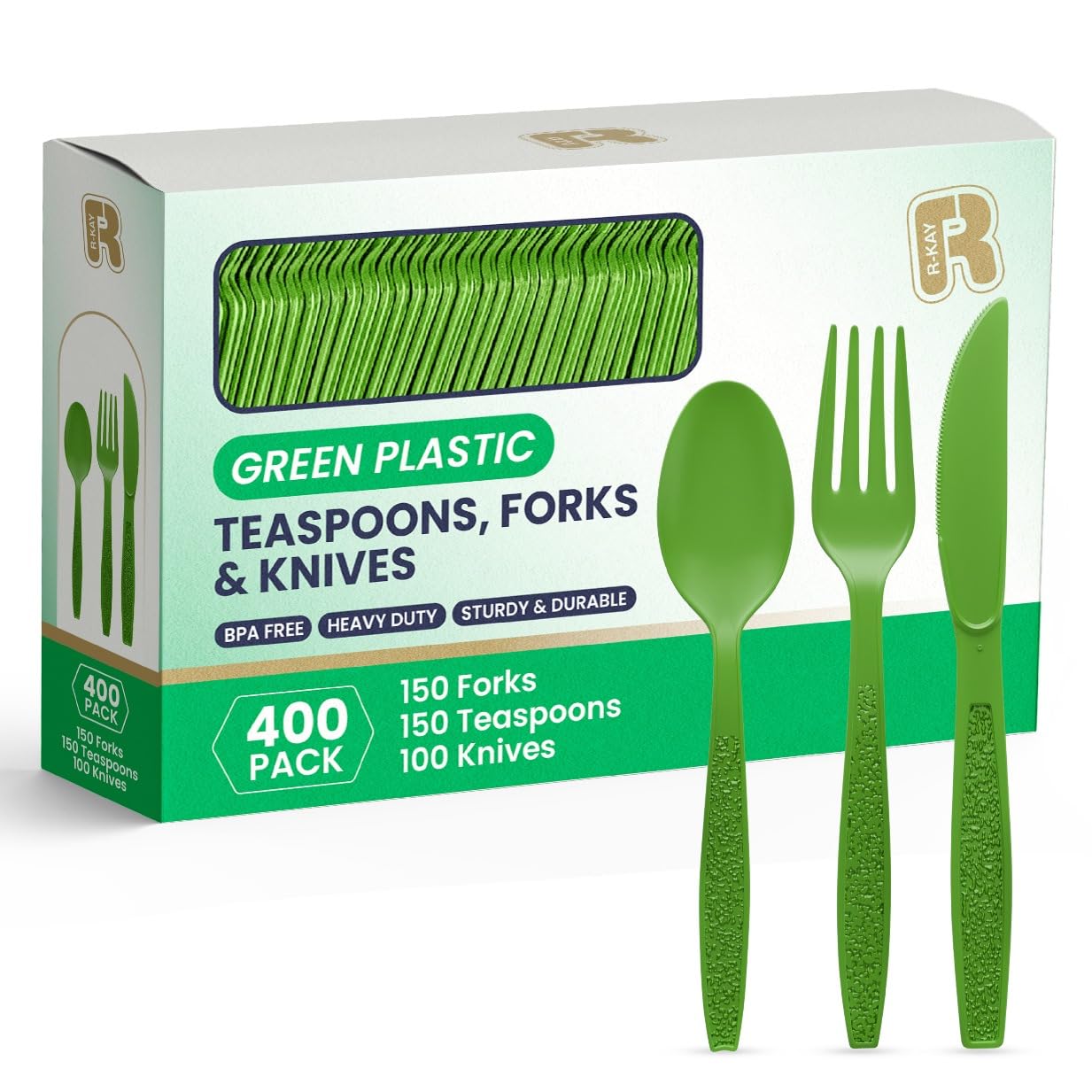 R-kay 400 Pcs Green Plastic Silverware Heavy Duty, Forks Spoons And Knives Set - BPA Free, Heat Resistance Green Plastic Utensils Set