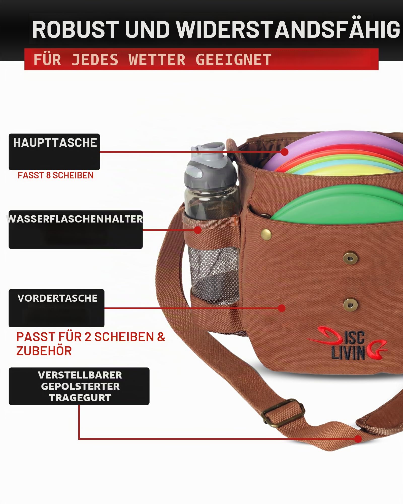 Disc Golf Bag | Frisbee Golf Bag | Easy to Carry | Lightweight Fits Up to 10 Discs | 16 oz Waxed Canvas Sturdy Design | Belt Loop | Double Button Design | Bottle Holder
