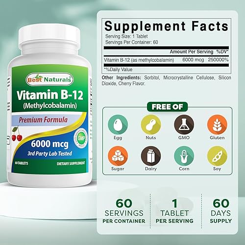 Miniatura 2 de Best Naturals Vitamina B-12 como metilcobalamina (metil B12), 6000 mcg 60 comprimidos sublinguales (60 unidades (paquete de 2))
