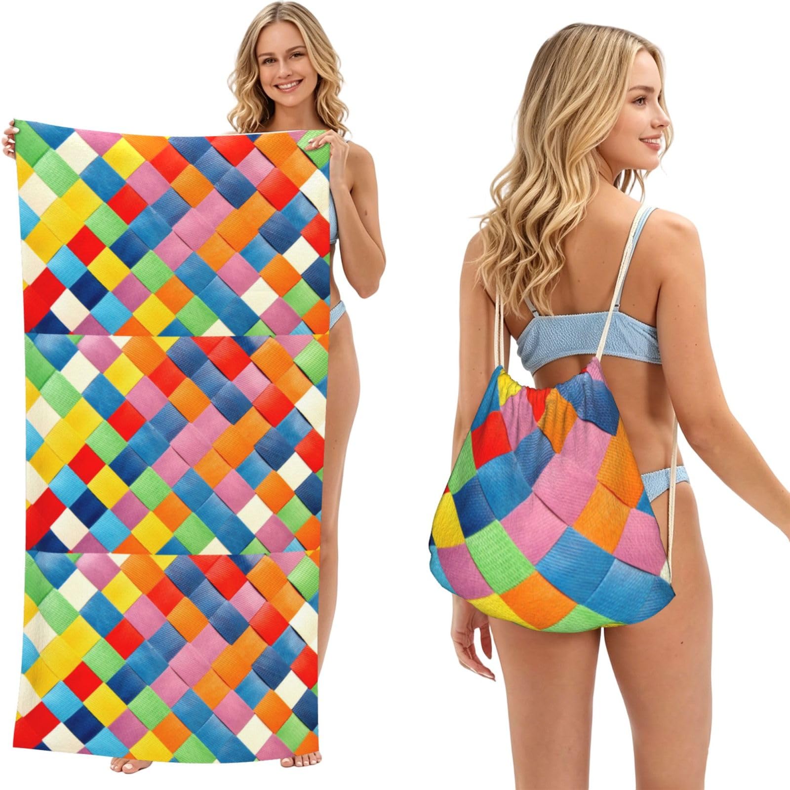Poadnly As Picture Colorful Plaid Printed, 2 In 1 Packable Towel Bag, Beach Towels With Drawstring Backpack For Travel Holiday Camping