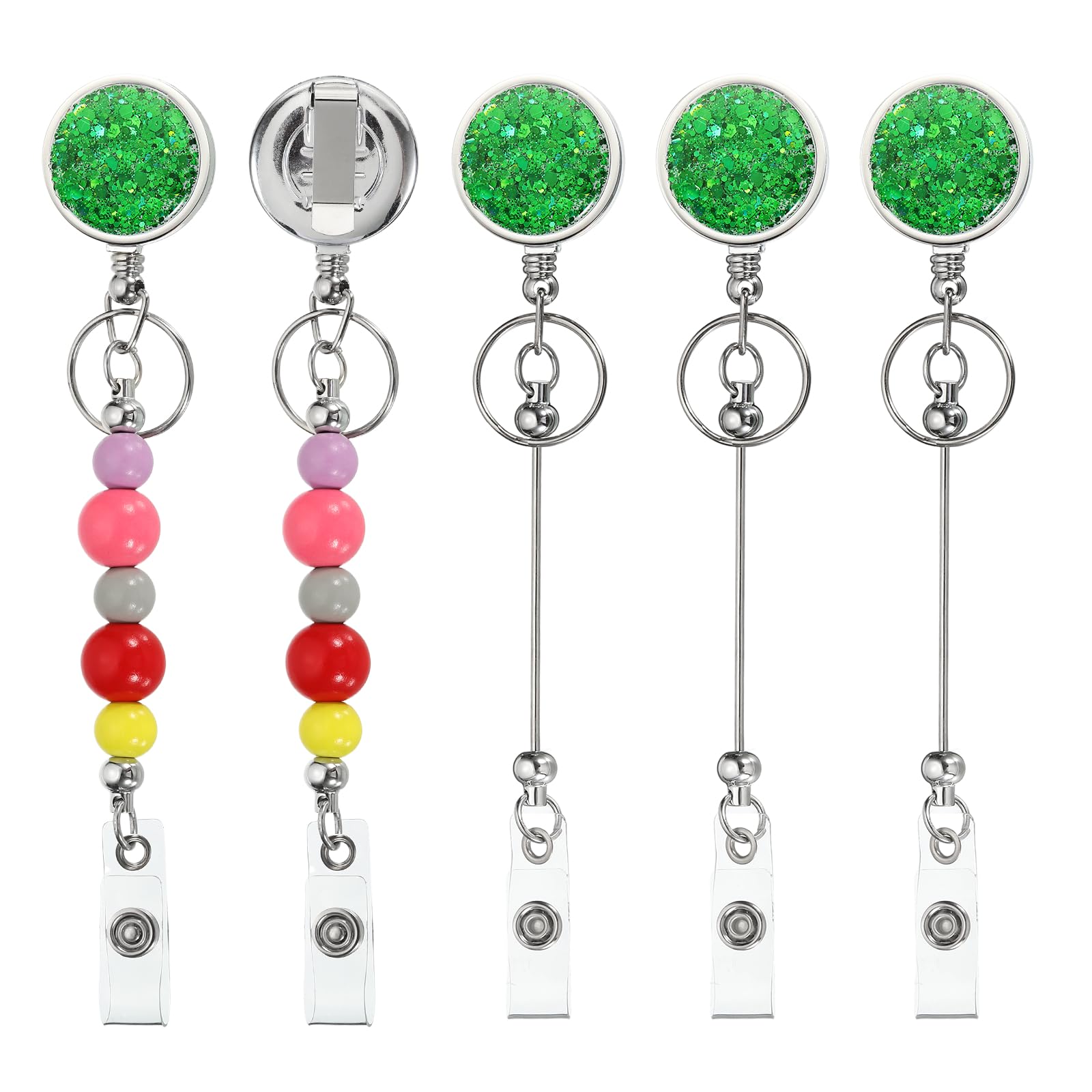 PATIKIL Beadable Badge Reels, 5 Pcs Bead Retractable Badge Holder, Retractable Bead Reel Keychain Blank Bar with Belt Clip for ID Name Key Teachers Office Workers DIY Gift, Green