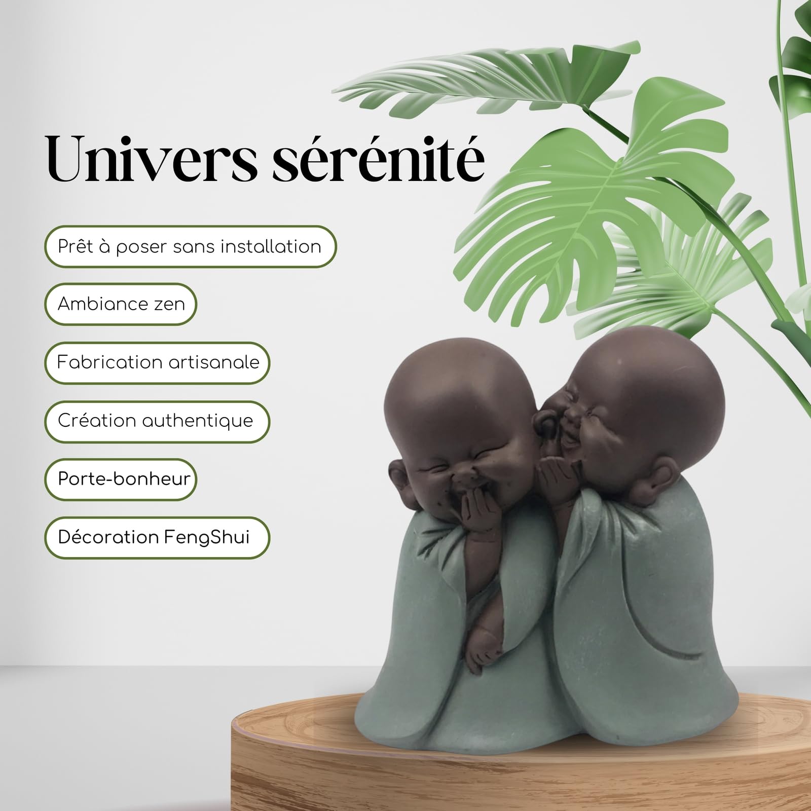 Statuetka Bonze - Uchwyt szczęścia - Dekoracja Zen i Feng Shui - aby stworzyć relaksującą i duchową atmosferę - Pomysł na prezent - wysokość: 12 cm - zielony i brązowy - Zen'Light