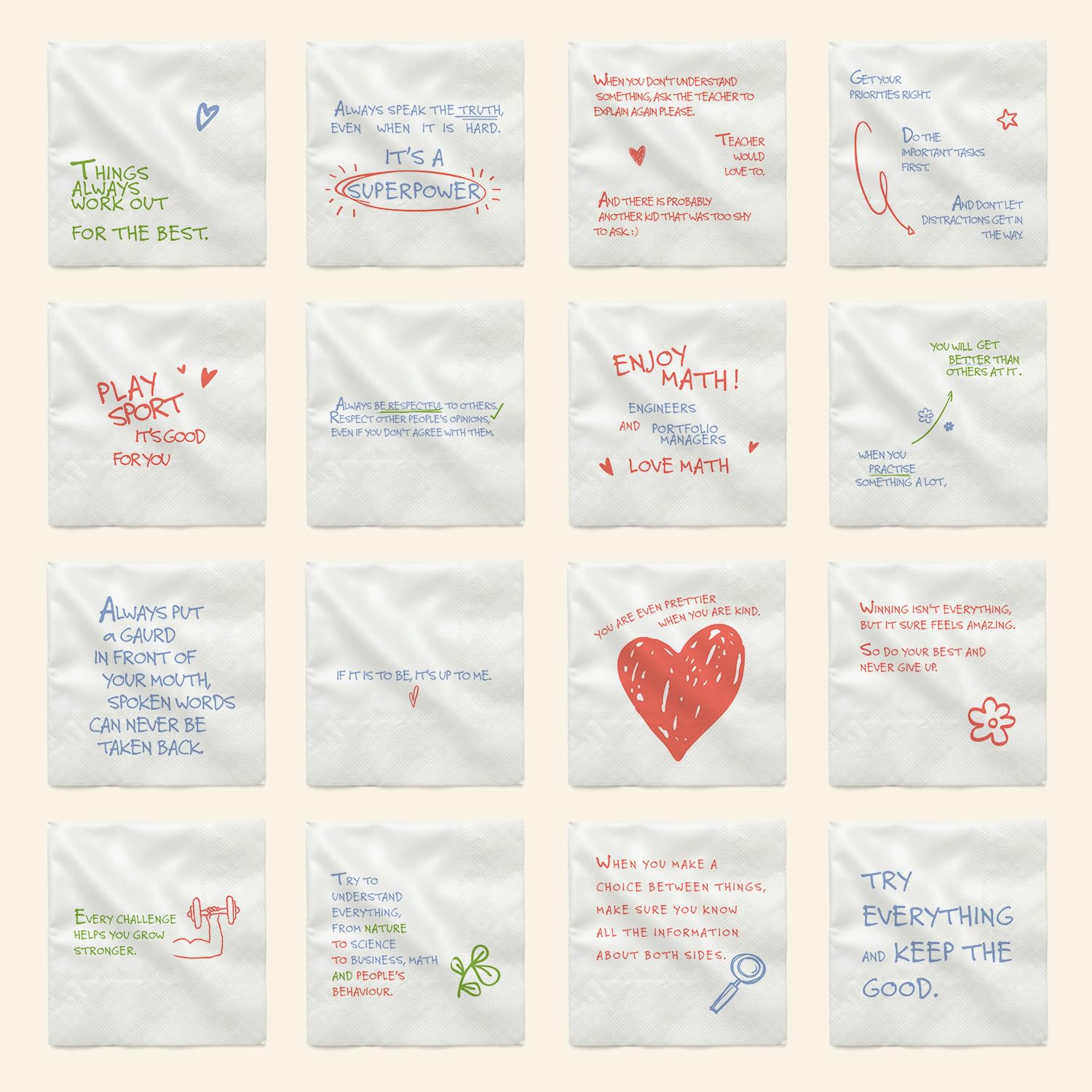 Tiny Truths Lunch Notes dla dzieci – 50 motywacyjnych afirmacji dla inteligencji emocjonalnej na 3-warstwowych delikatnych serwetkach papierowych do pudełek na lunch i szkoły (miękkie premium)