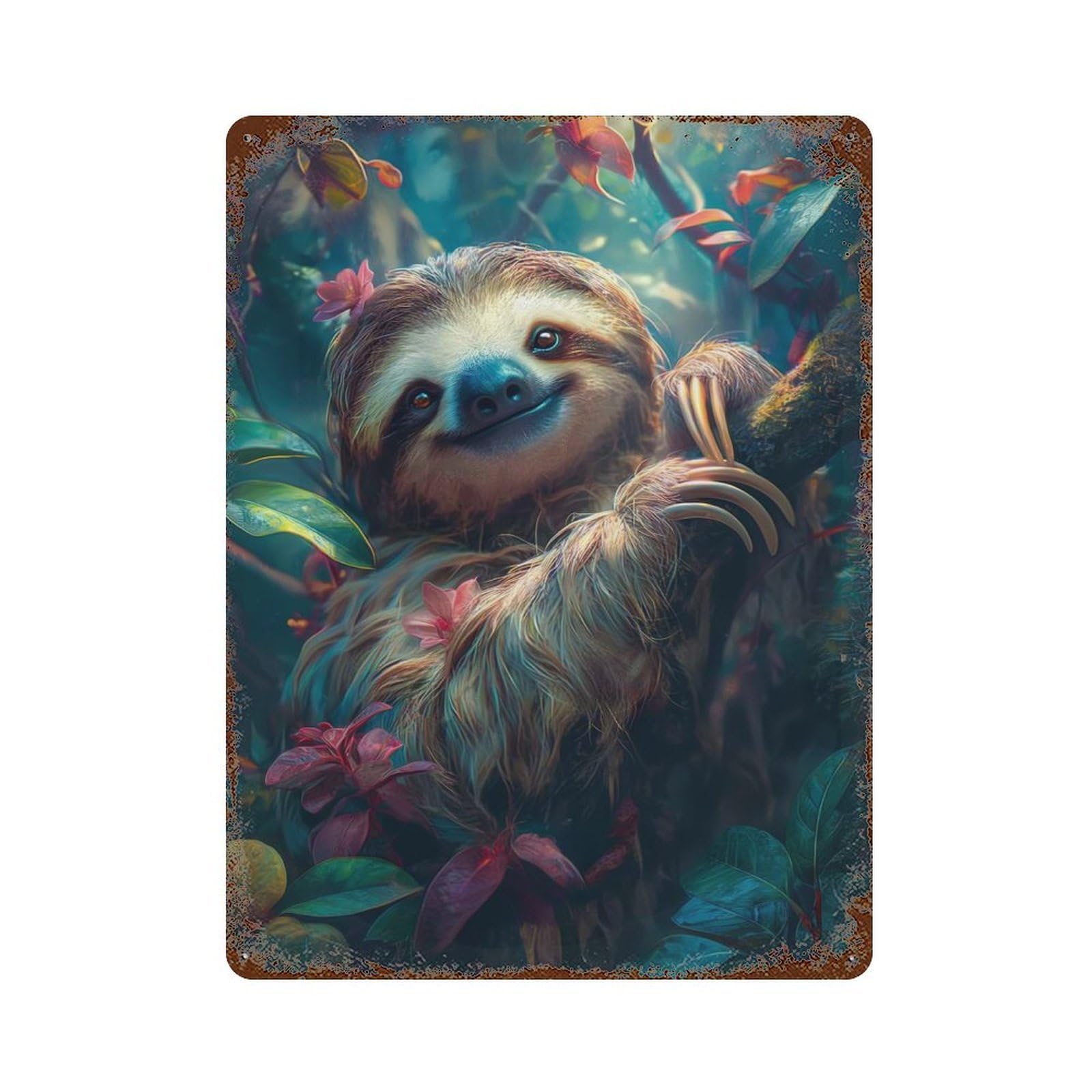 Cute Sloth Tropical Forest Rusty Metal Tin Sign 15.7"x11.8", for Shed, Workshop And Garage Wall Decor, Shabby Chic Decor