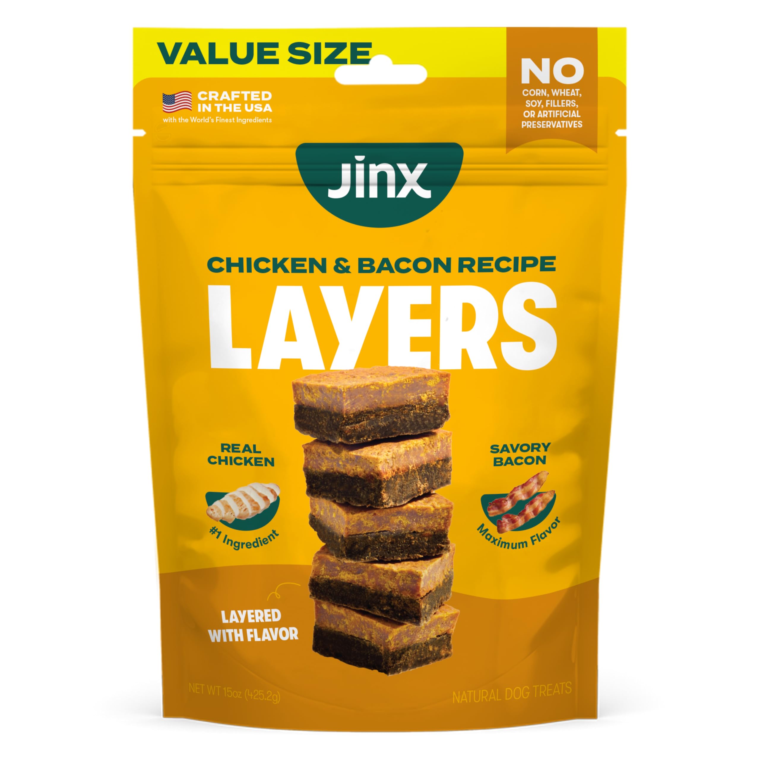 Jinx Chicken & Bacon Layers Jerky Dog Treats - Crunchy, All Natural Dog Jerky Treats with Cage-Free Chicken & Bacon - Pet Products for All Dogs (Puppies, Adults & Seniors) - 15oz, 15 Ounce (Pack of 1), Chicken