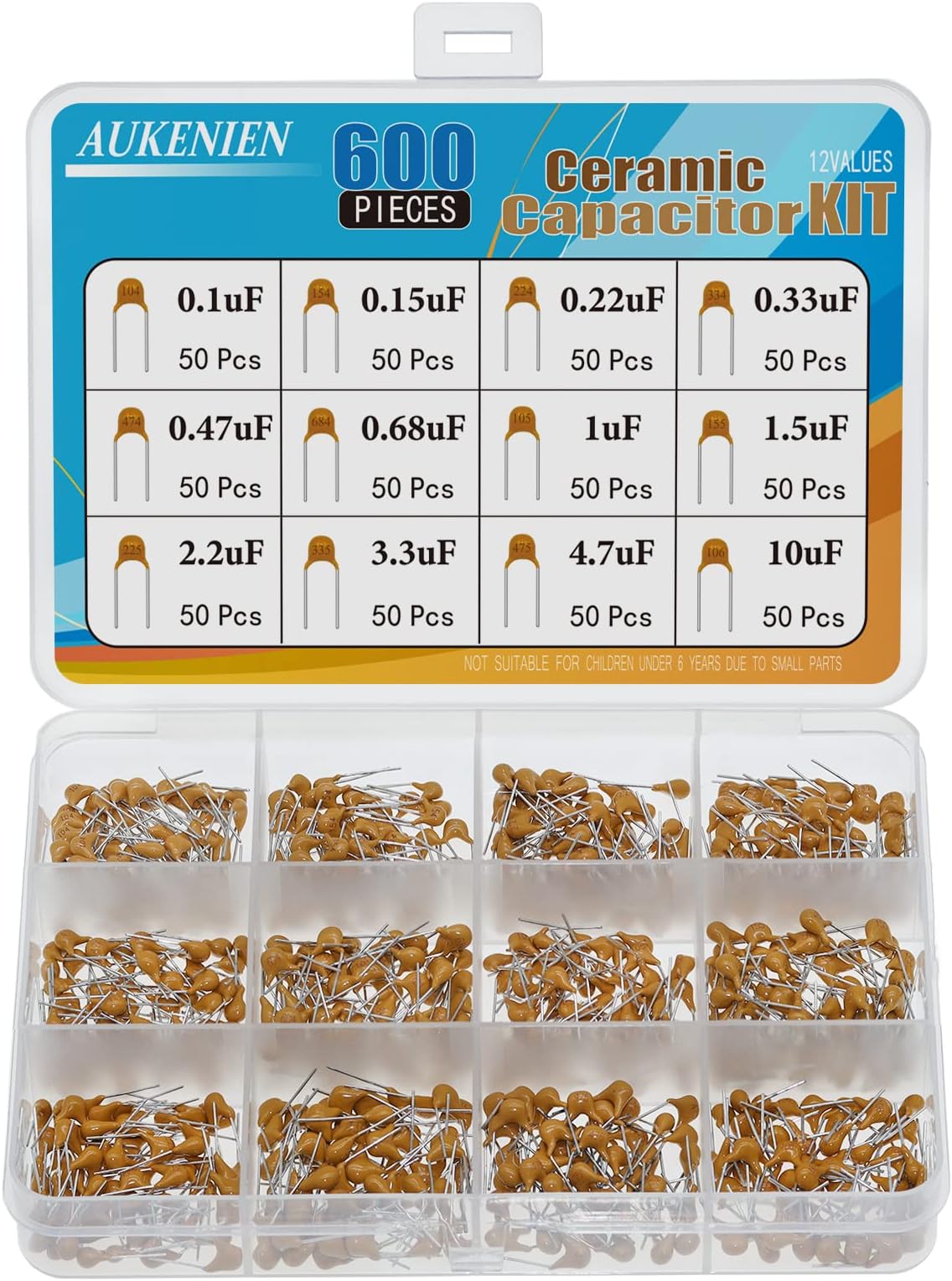 AUKENIEN 12 Values 600pcs Ceramic Capacitor Assortment Kit 100nF 0.1uF 0.15uF 0.22uF 0.33uF 0.47uF 0.68uF 1uF 1.5uF 2.2uF 3.3uF 4.7uF 10uF NF UF Multilayer Monolithic Assorted Capacitors