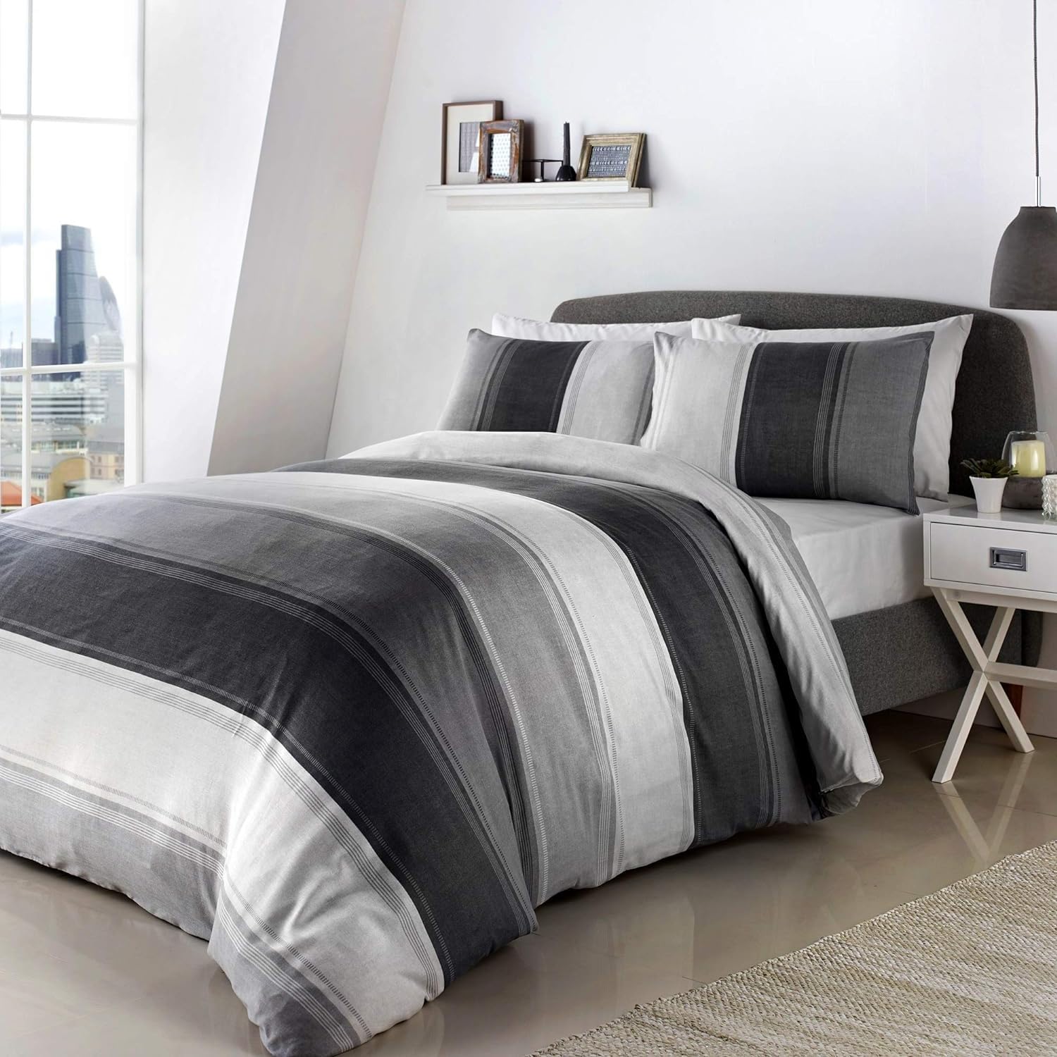 Funda Nórdica Cama 150 Raya Funda Nordica 220 X 240 Negro, Blanco y Gris Juego de Cama Estampado 3D, Funda NóRdica de Microfibra Suave con Cremallera y 2 Fundas de Almohada 50x75 Cm