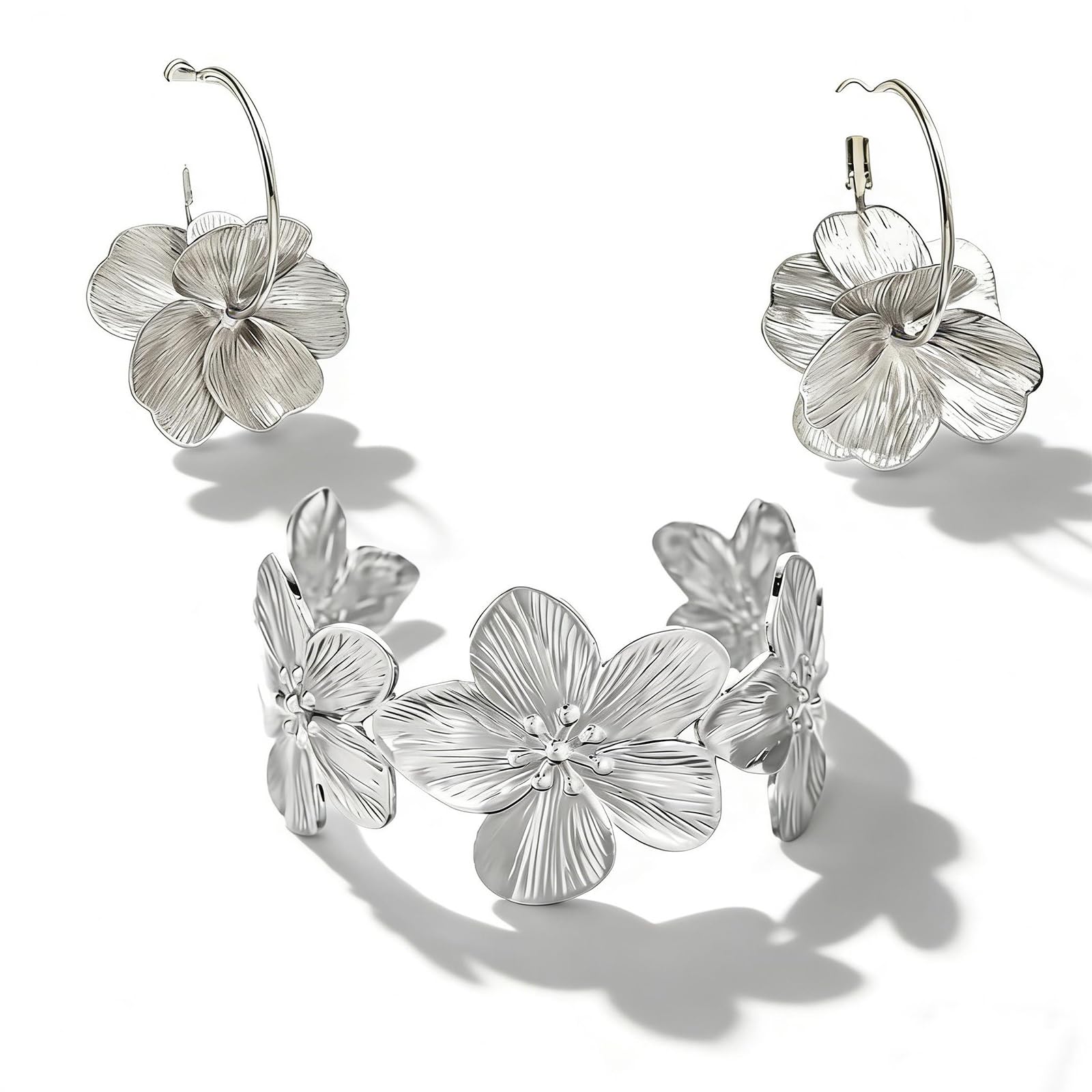 Pulseras Gruesas De Plata Para Mujer De Flores, Flores Pendientes E Pulseras Brazalete Plateado Estampado De Flores Para Diario Viajes Bodas Mujeres Niñas Madres