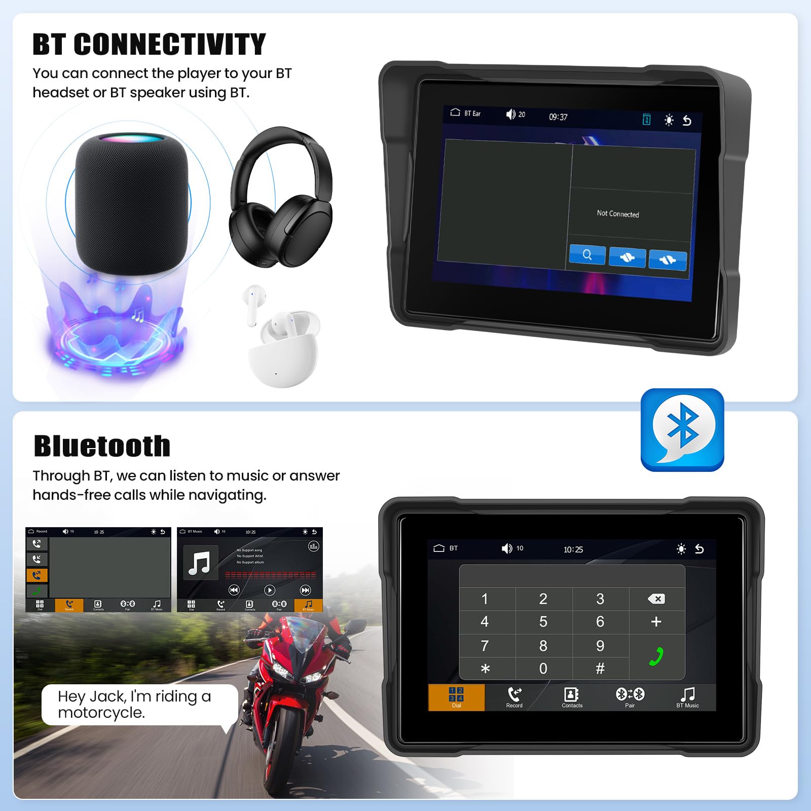 Coche de Moto Portátil con Android Auto Carplay inalámbrico 5 Pulgadas IP67 Impermeable Pantalla Táctil para Motocicletas con Cámara de Salpicadero Navegación Bluetooth Mirrorlink EQ TF Card Moto