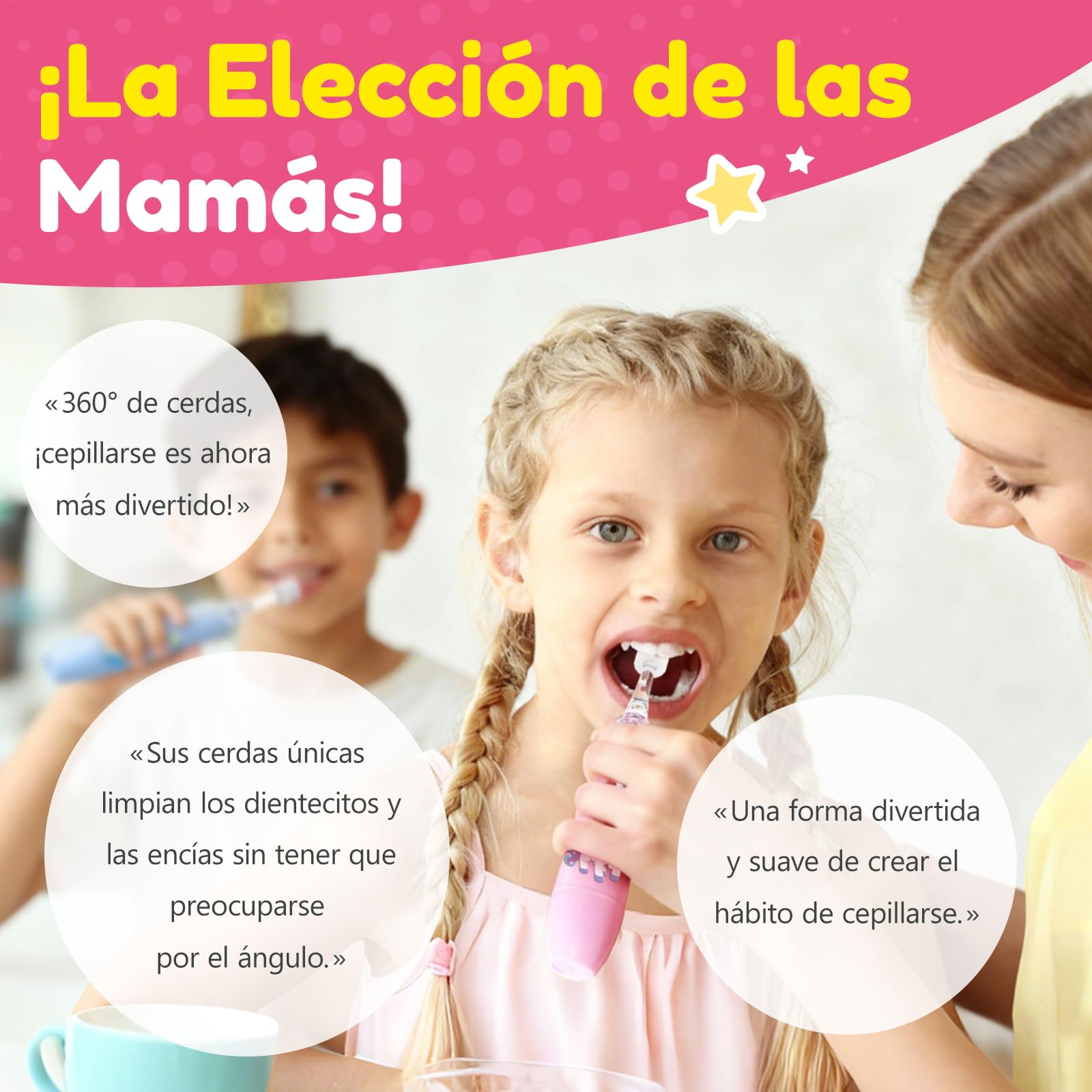 Cepillo de Dientes Eléctrico para Niños de 1 a 5 Años, Cepillo Eléctrico Infantil Sónico con 16,000 Vibraciones por Minuto, 4 Cabezales y 1 Pila AAA, Temporizador 2 Minutos, Impermeable IPX7 (Rosa)