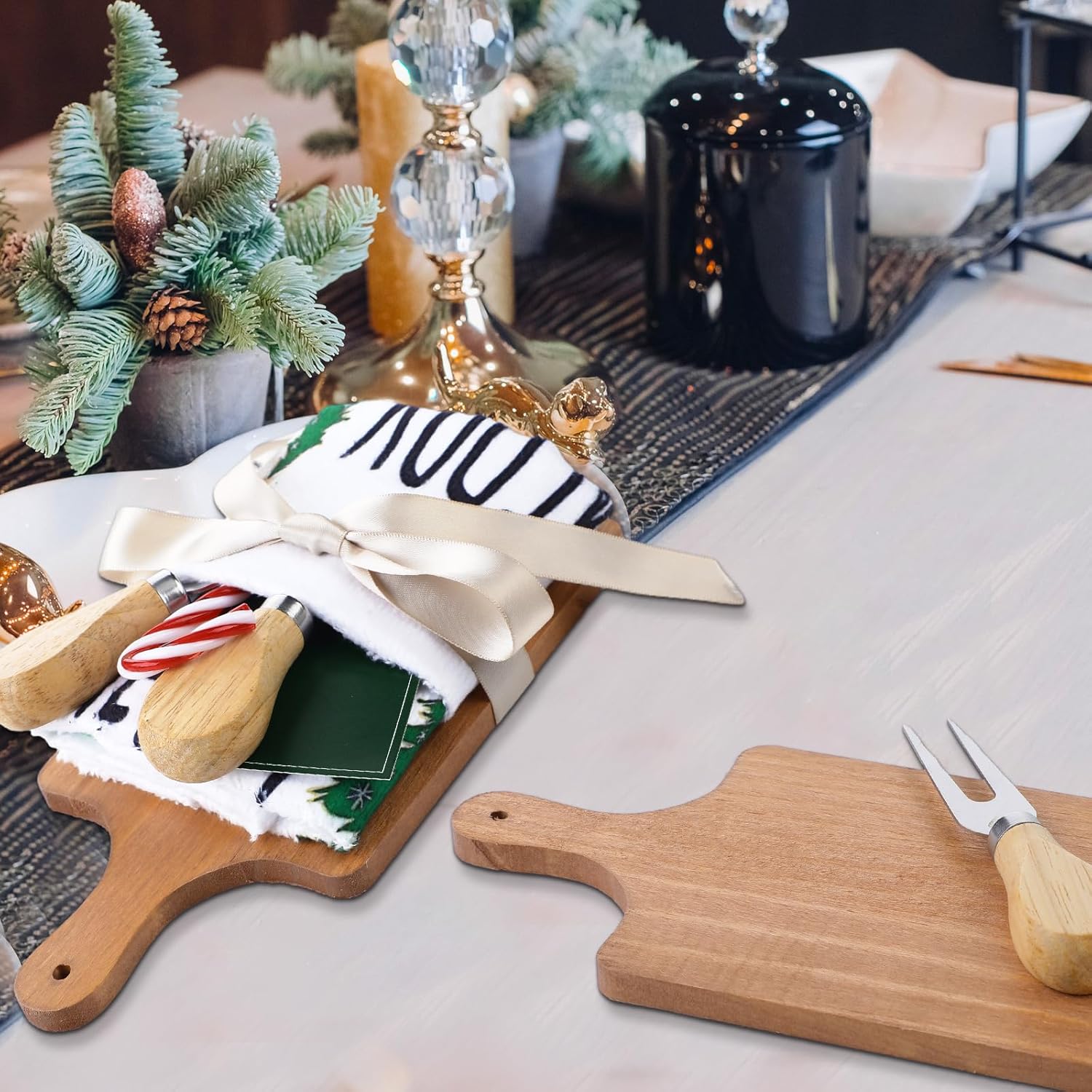 28 Pcs/4 Sets Christmas Holiday Charcuterie Board Gift Set DIY Wooden Christmas Cheese Board Kitchen Gifts Towels Ribbon Candy Cane Butter Knife Fork for Xmas Party Winners Guests Party Supplies