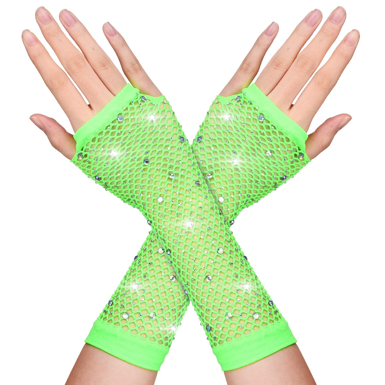 Neon Green Fishnet Rhinestone Gloves Women Long Fishnet Gloves Fingerless Fishnet Arm Sleeves 80s Fish Net Gloves Kids Fashion Sparkly Mesh Gloves 80 s Emo Scene Accessories for Women Kids