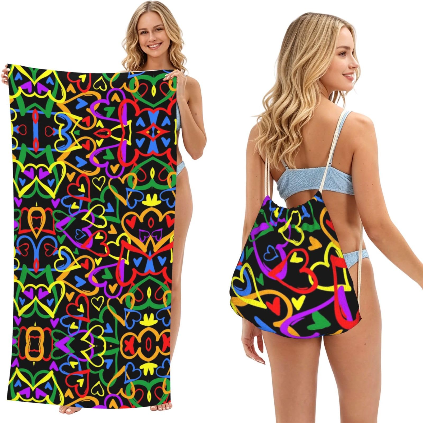 SATUSA Gay Pride Rainbow Print 2-In-1 Foldable Beach Towel Backpack â€“ Camping, Yoga And Travel,Bath Towel With Built-In Storage, Convertible Beach Mat & Carry Bag