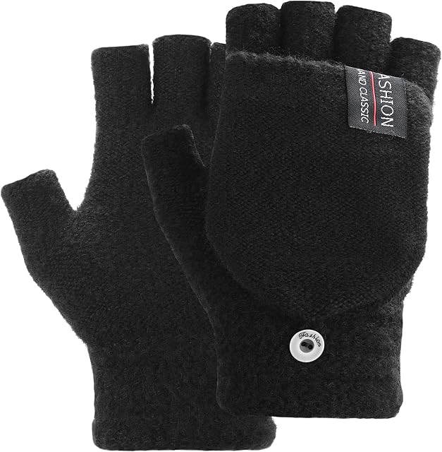 Thinp Fingerless Gloves for Women and Men, Winter Gloves Warm Wool Knit Flip Fingerless Gloves with Cover Convertible Mittens Knitted Gloves