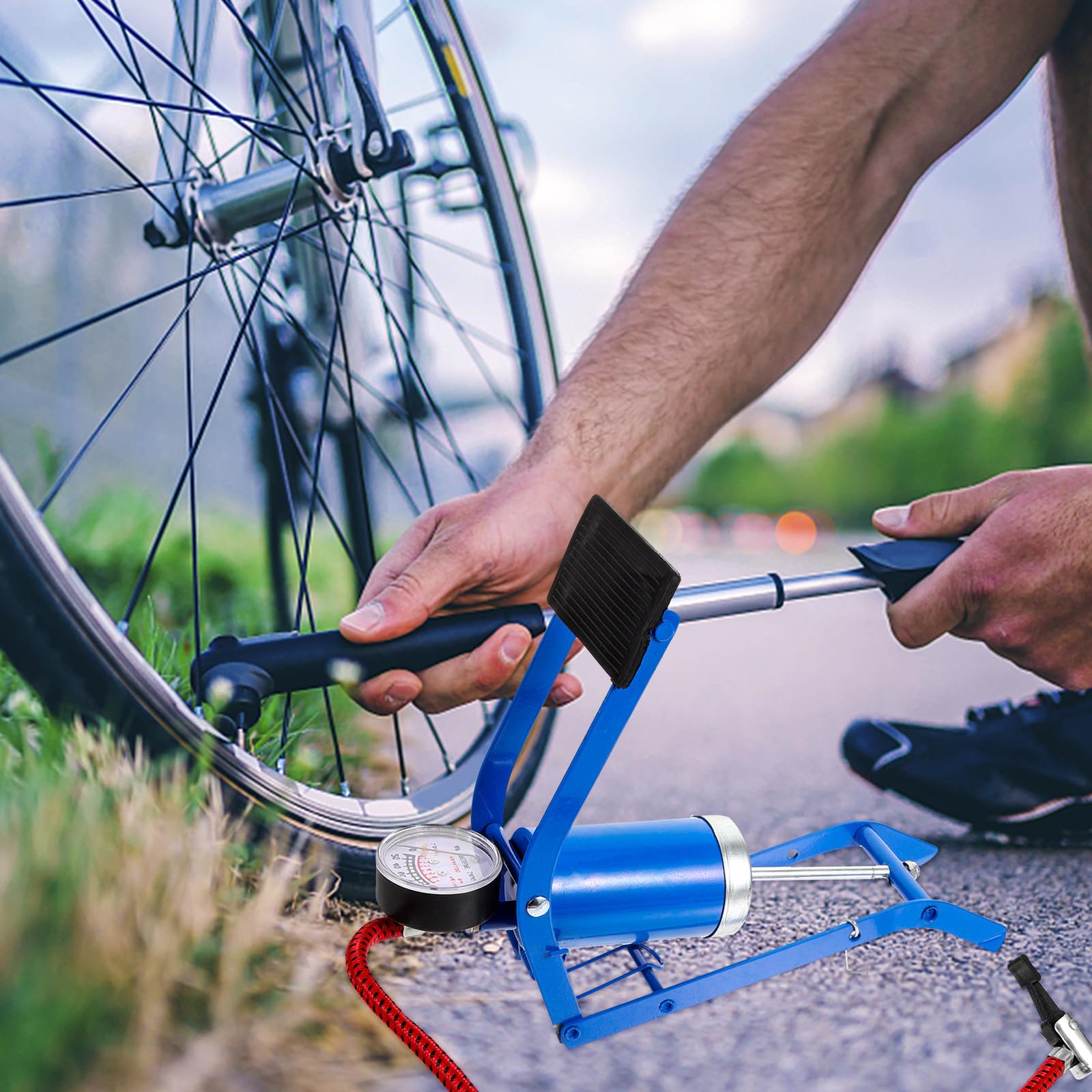 Pompa per Pneumatici a Pedale Portatile in Metallo Blu ad Alta Pressione per Bici e Palloni Multiuso Compatta e Resistente