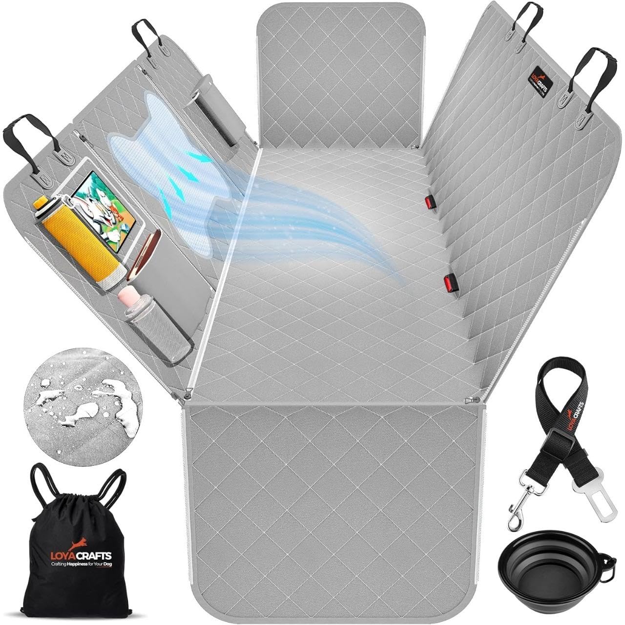LOYA CRAFTS Pet Backseat Extender for Dogs, 600D Fabric Hard Bottom Dog Hammock for Car Back Seat Holds 500lbs, Waterproof, Car Back Seat Cover for Dogs w/Mesh Window, 6 Storage Pocket (Gray)