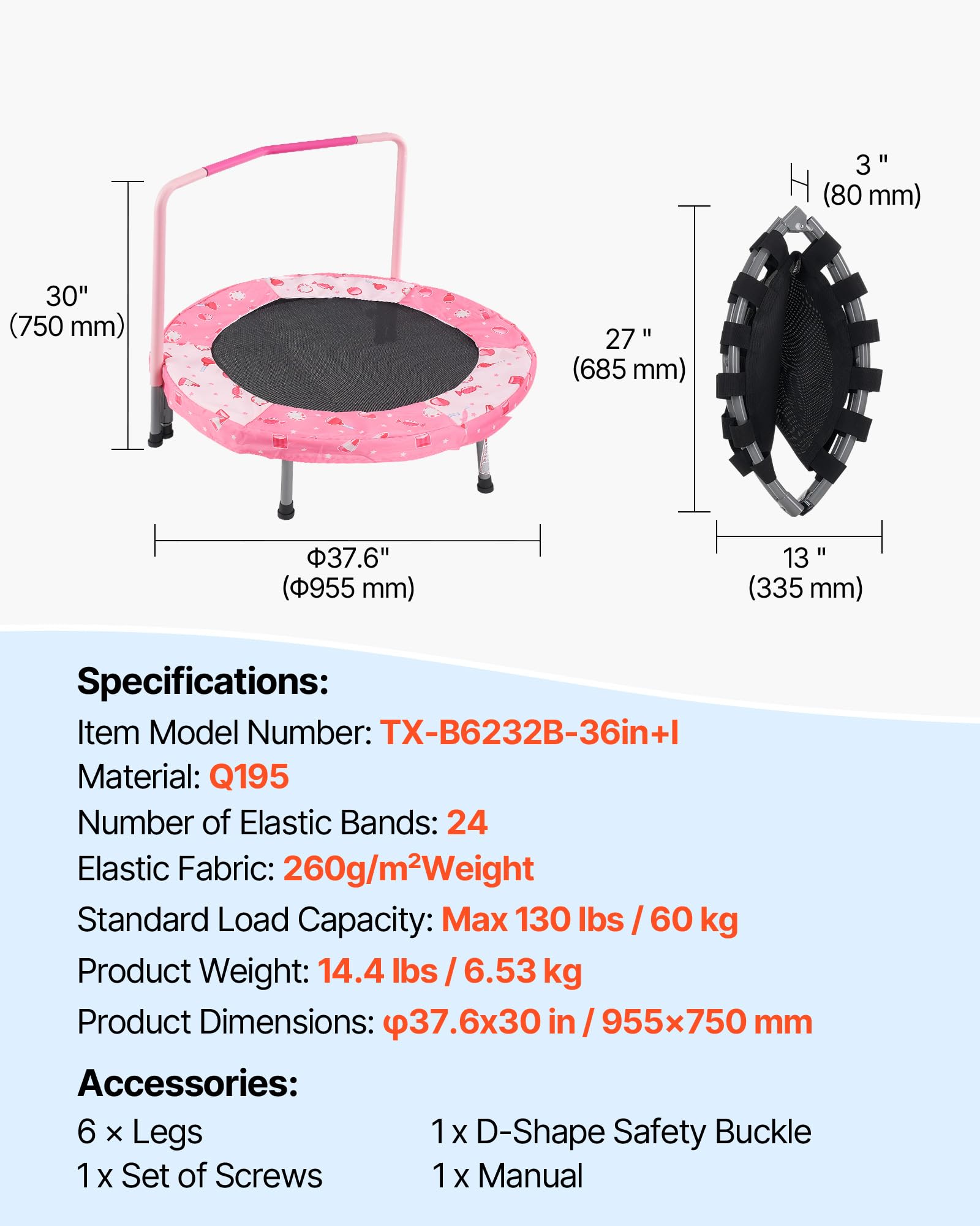 VEVOR Trampolín para Niños para Interiores y Exteriores, Mini Trampolín Plegable con Asa, Trampolín de Rebote para Niños y Niñas de 3 Años en Adelante, para Actividades Divertidas, 955 x 750 mm, Rojo