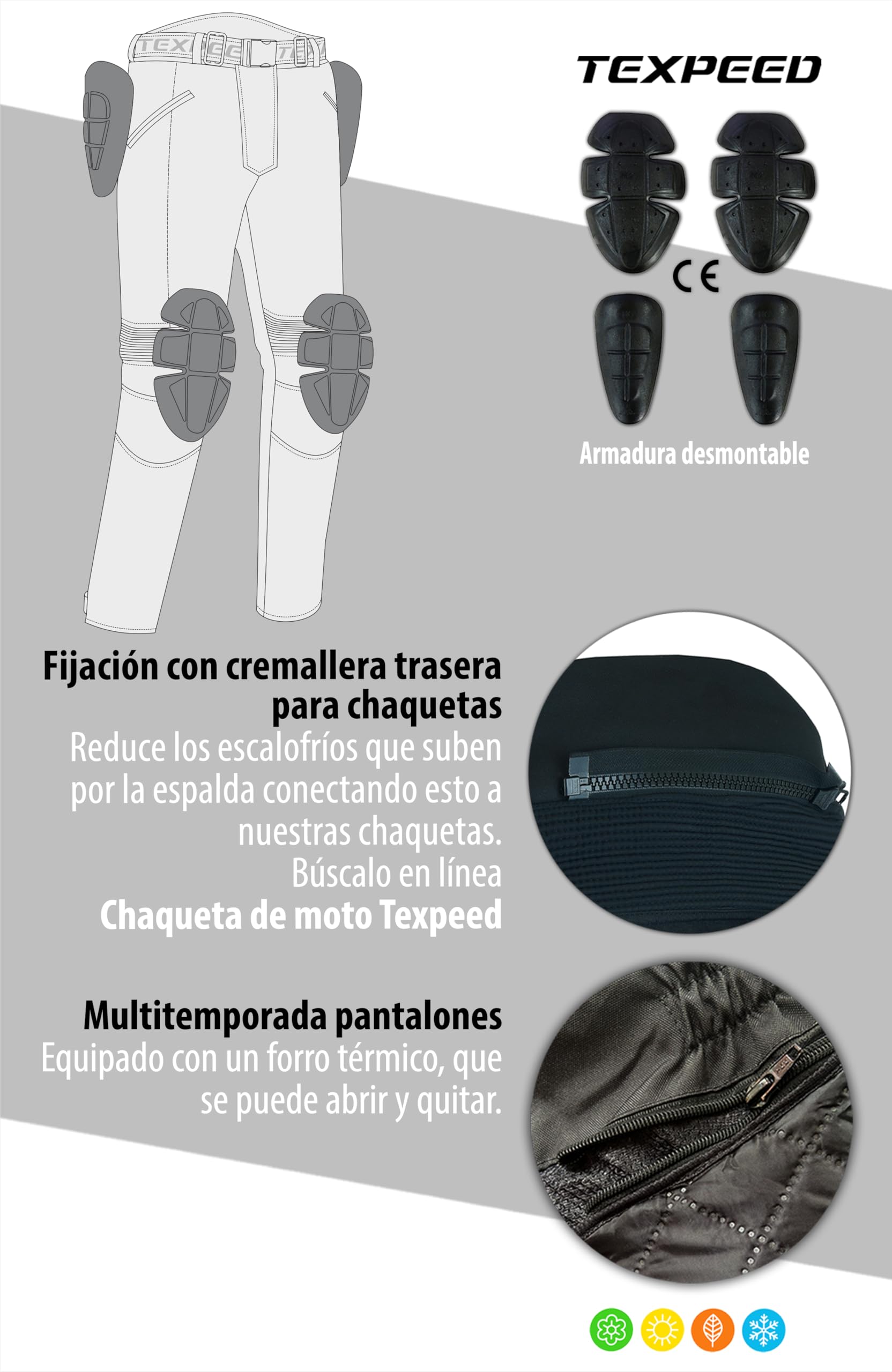 Texpeed Pantalones de moto hombre verano - Impermeable Pantalones de motorista - Con armadura de protecciónes CE (EN 1621-1) - Blanco - XL Cintura/Regular Pierna