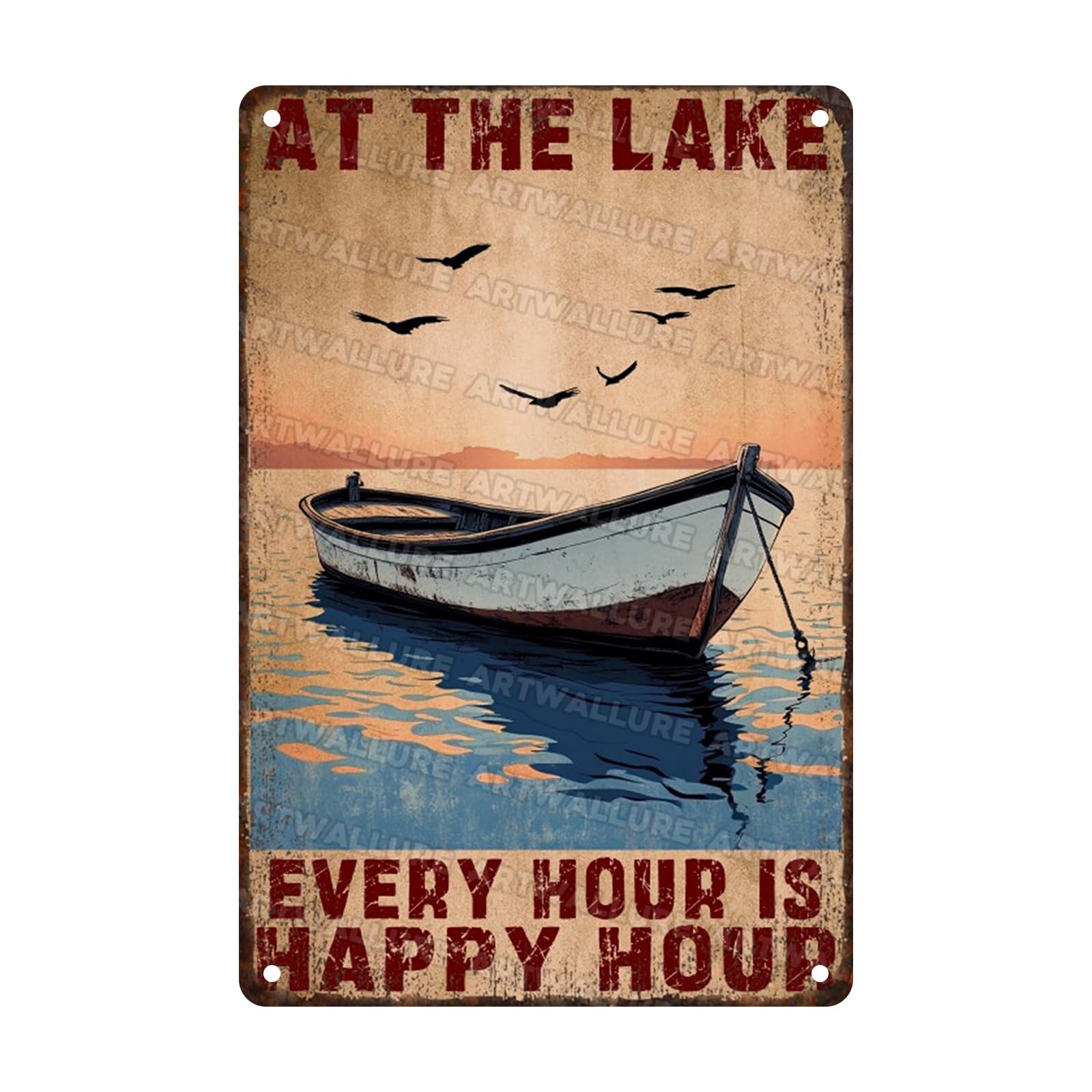 Lake Inspired Quote Tin Plaque At the Lake Happy Hour Rustic Wall Art Fishing Cabin Decor Lake View Porch Sign Vintage Metal Plaque Lake Scene 8x12inch