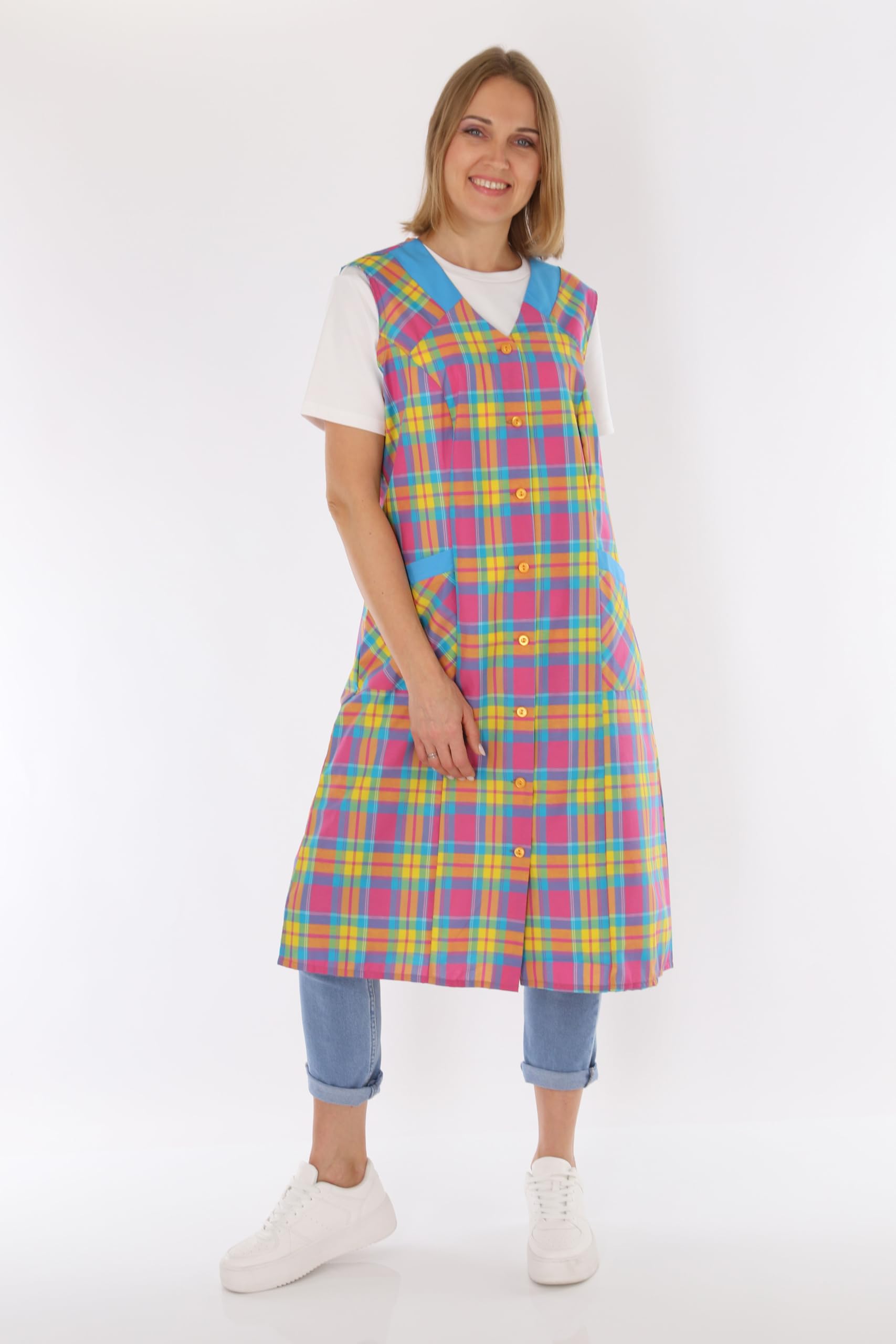 Blouse boutonnée pour femme - En tissu mélangé - À carreaux - Sans manches - Tablier de cuisine, Design 6, 48