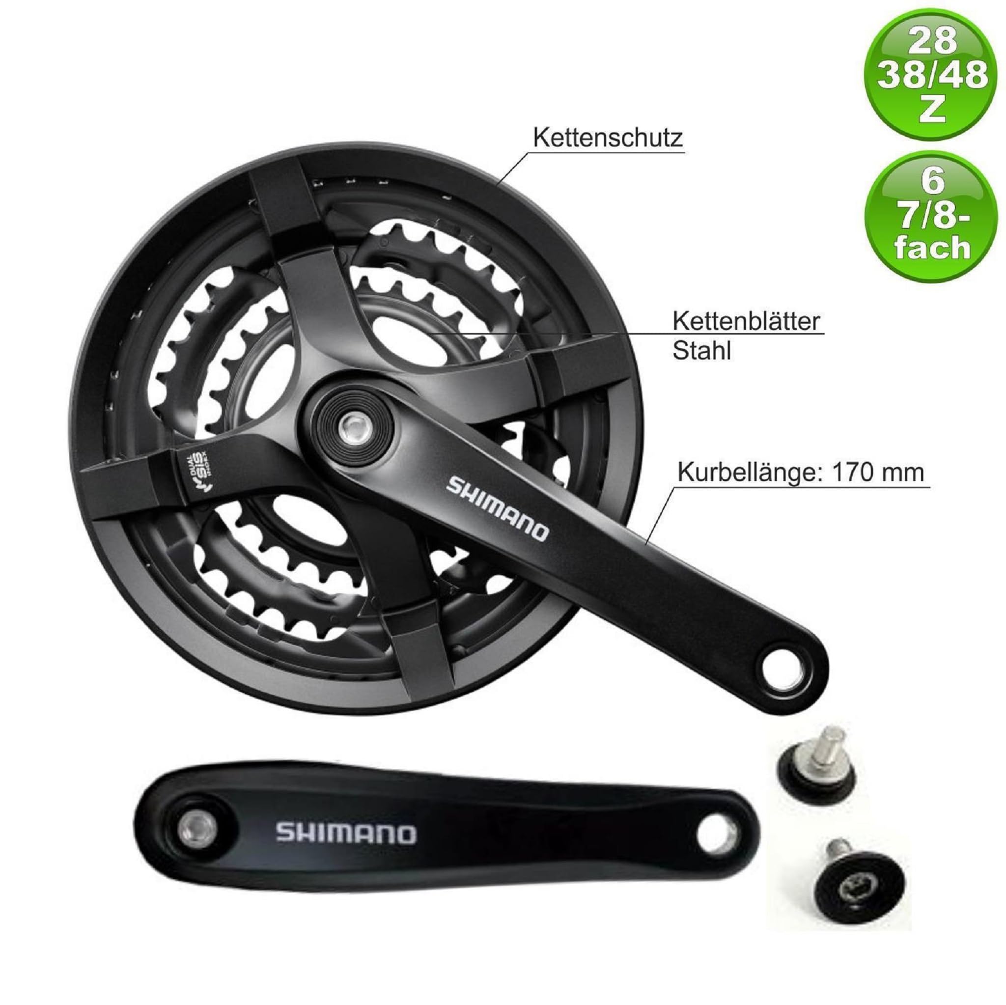 maxxi4you Shimano Kurbelgarnitur Kettenradgarnitur 170 mm schwarz 28/38/48 Zähne inkl Reflexband