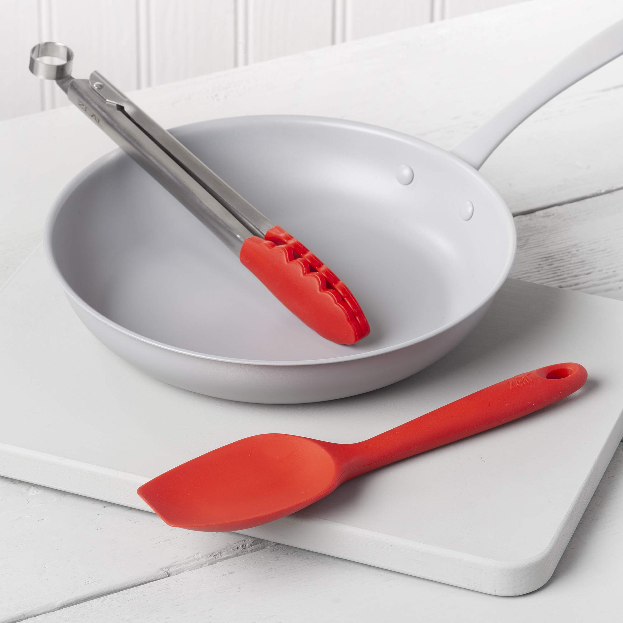 Zeal JSET11R Set di 2 cucchiai e pinze da Cucina antiaderenti, in Silicone, Colore: Rosso