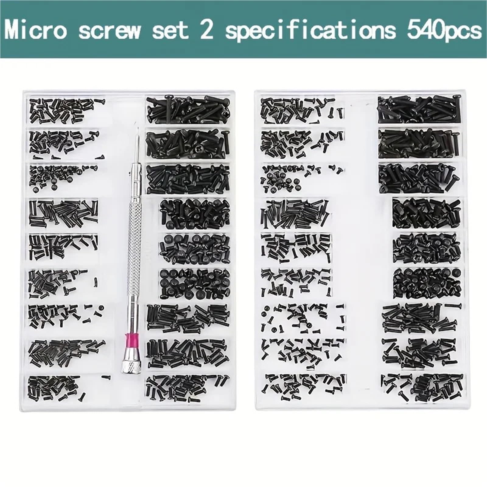 630-teiliges Mikro-Reparaturschrauben-Set for Brillen, Sonnenbrillen, Reparaturset mit Schraubendreher for die Reparatur von Brillen, Uhren und Schmuck. M1,2 M1,4(Flat head -540PCS)