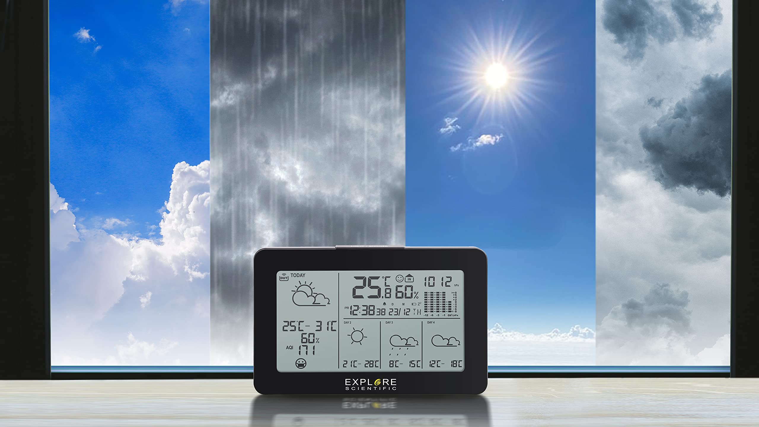 Explore Scientific WSH4103 Stazione meteorologica smart Wifi, sincronizzazione automatica dell'ora, piattaforma Tuya, temperatura, umidità e previsioni del tempo consultabili anche da App, nero