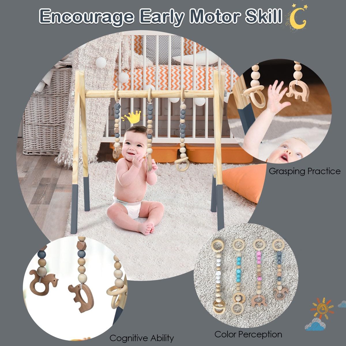 LIFEZEAL Gimnasio Bebé, arco de juego de madera para bebés, equipo de juego para bebés con 3 juguetes, gimnasio plegable para bebés a partir de 3 meses(Gris)