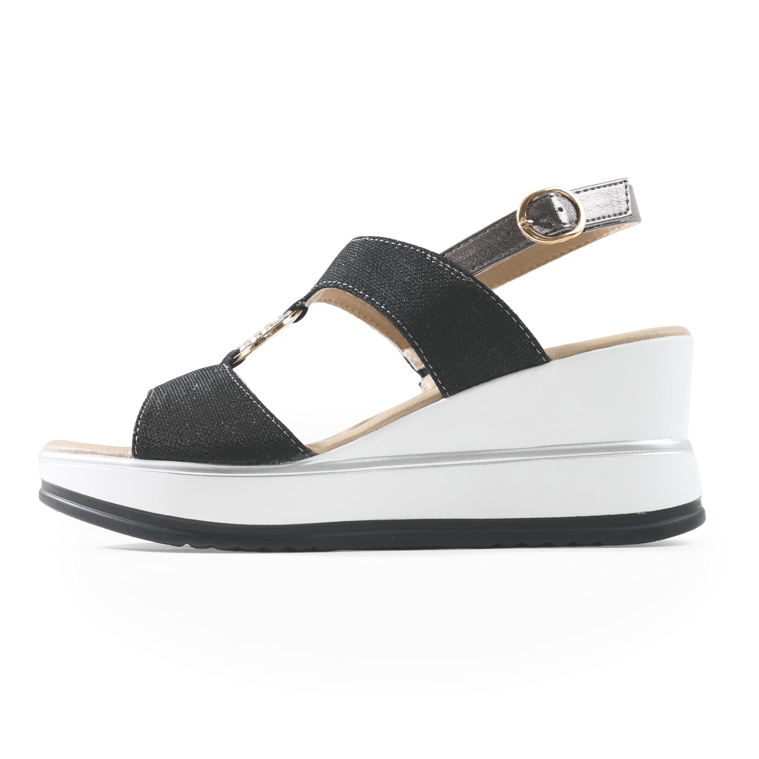 JOMIX Sandales Femme Élégantes avec Compensée 7 cm Tissu Brillant et Détail Bijou avec Anneau Strass Bride Réglable Semelle Confort Amortissante Antidérapante Chaussures Été Casual Chic